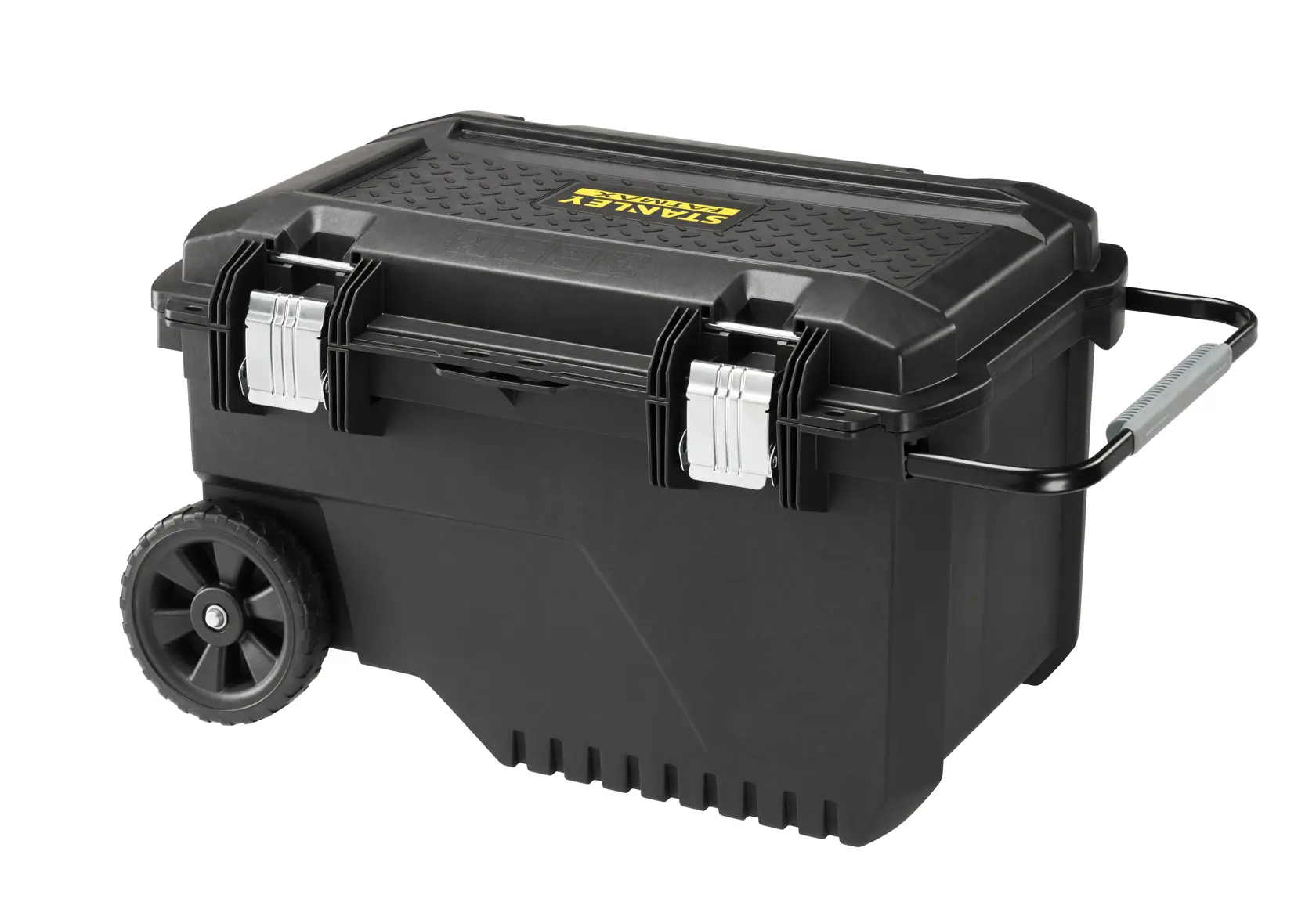 STANLEY FMST1-73601 rolling toolbox with black body, silver latches, wheels, and handle, side angle photo.