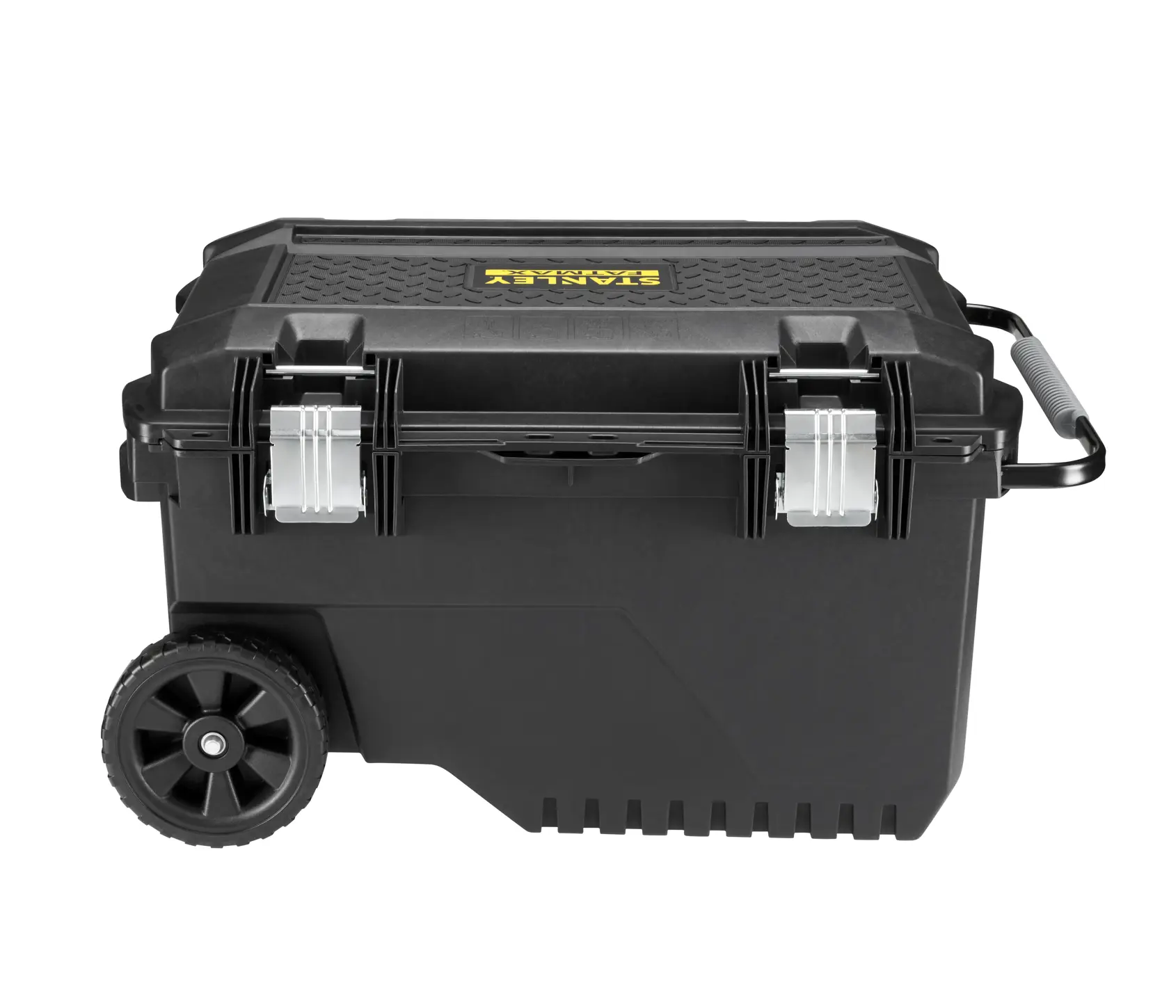 STANLEY FMST1-73601 black wheeled toolbox with silver latches, side handle, photography, side angle.
