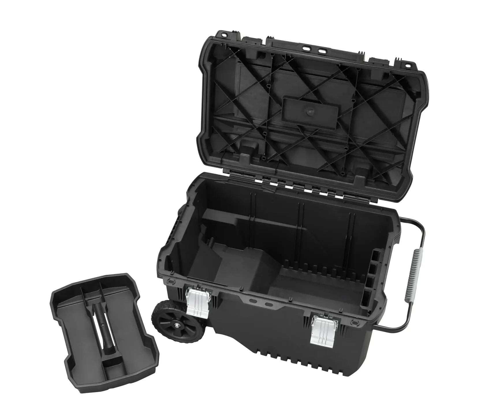 STANLEY FMST1-73601 black wheeled tool box with open lid and removable tray, front angle.