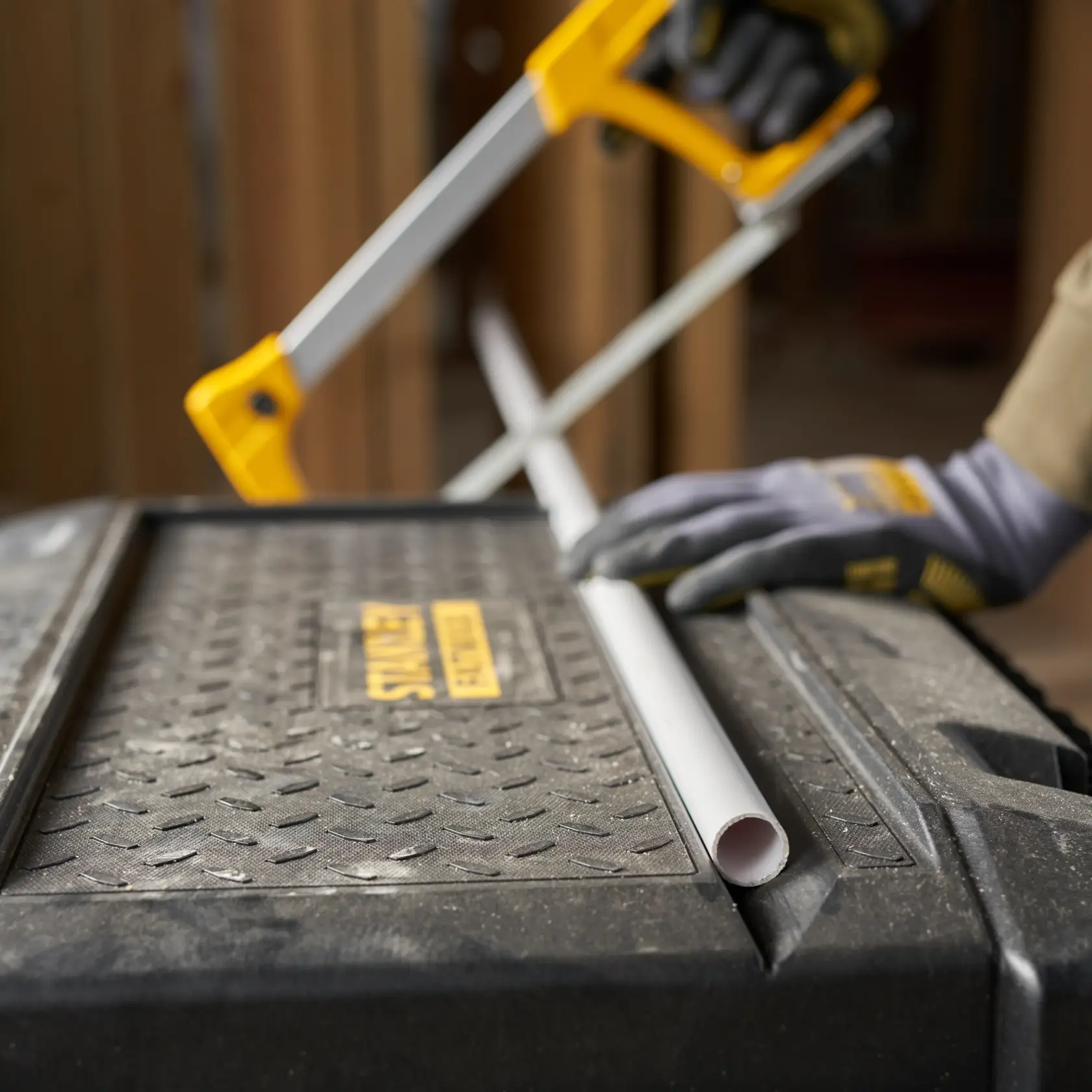 STANLEY FMST1-73601 photography of a worker sawing a white pipe on a textured black STANLEY toolbox.