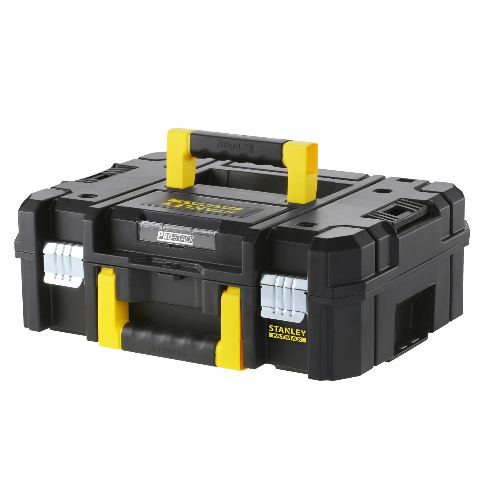 STANLEY FMST1-75502 black and yellow Pro-Stack toolbox, front angle, durable plastic construction.