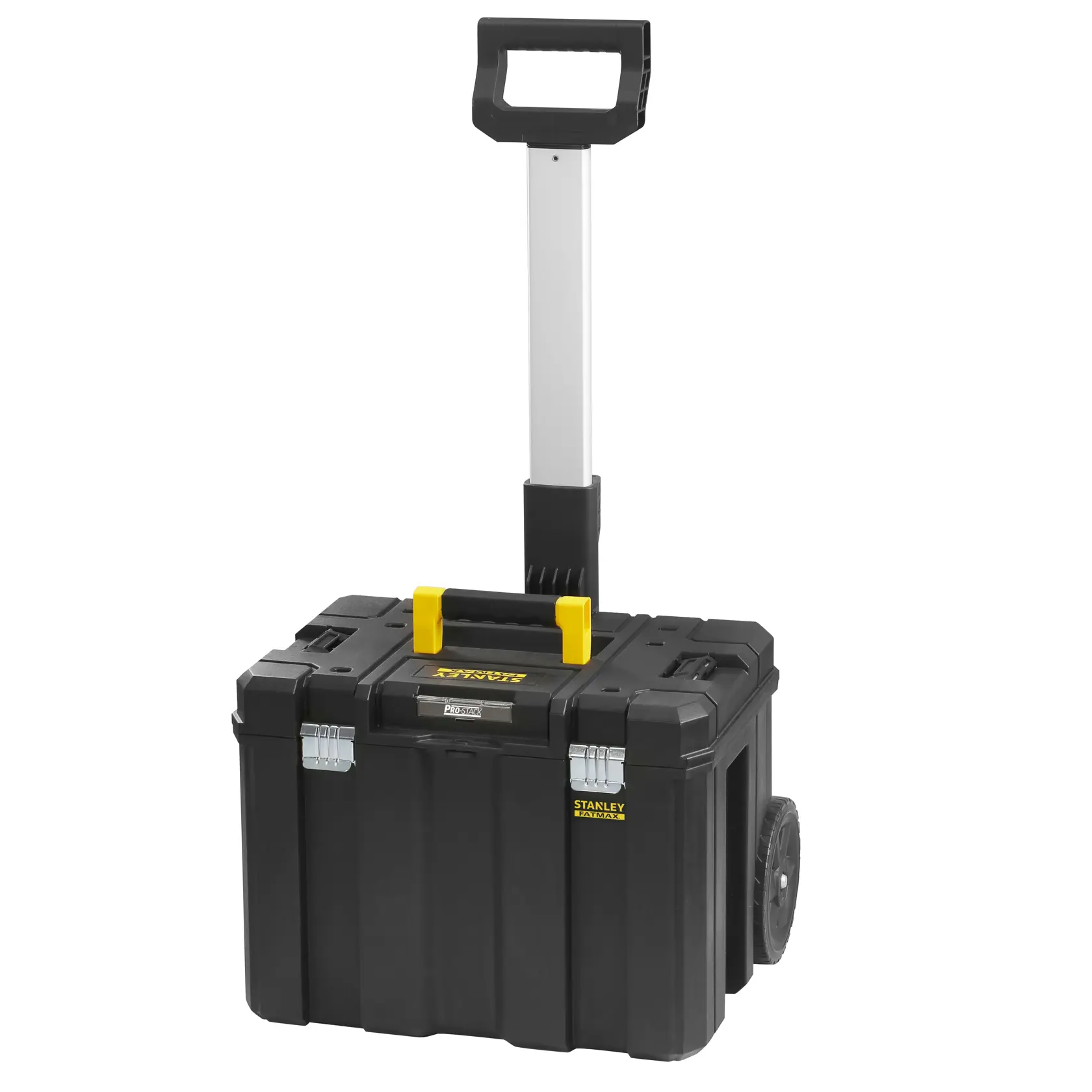 STANLEY FMST1-75753 black rolling tool box with yellow handle and telescopic handle, front angle, white background.