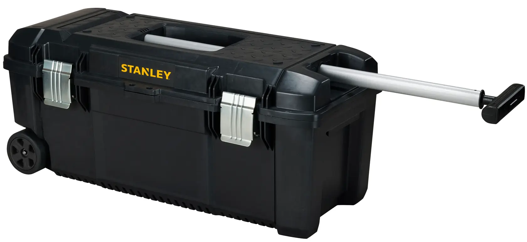 STANLEY FMST1-75761 black rolling toolbox with metal latches and extended telescopic handle, front angle on white.