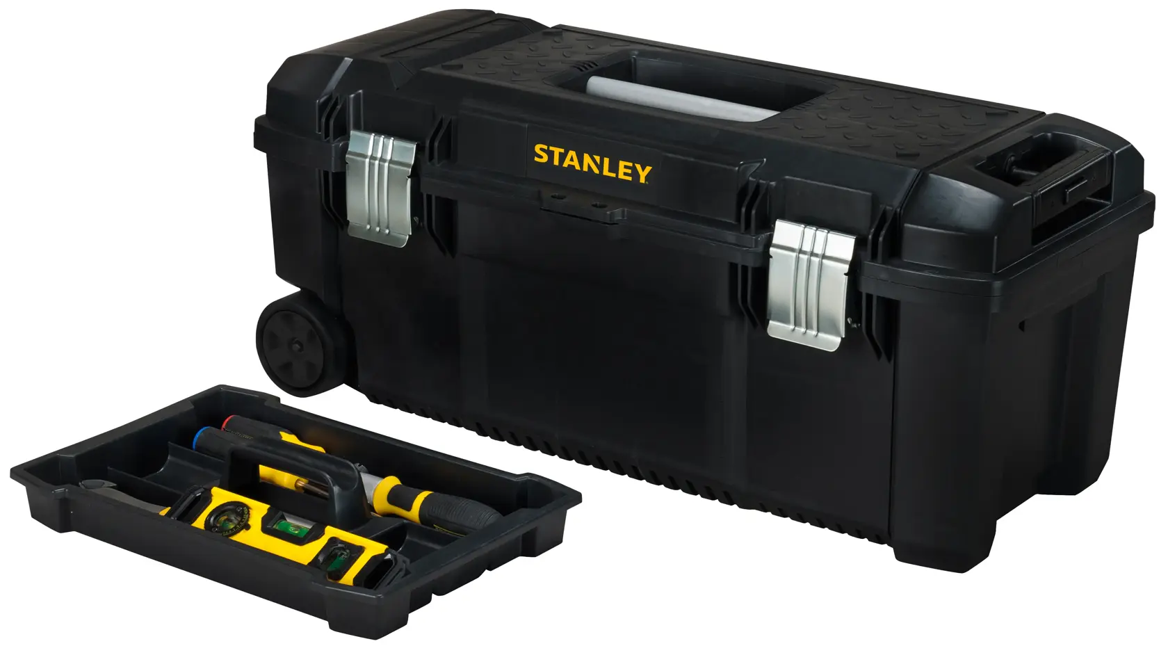Stanley black wheeled toolbox with metal latches and a removable tray holding tools, shown on a white background.