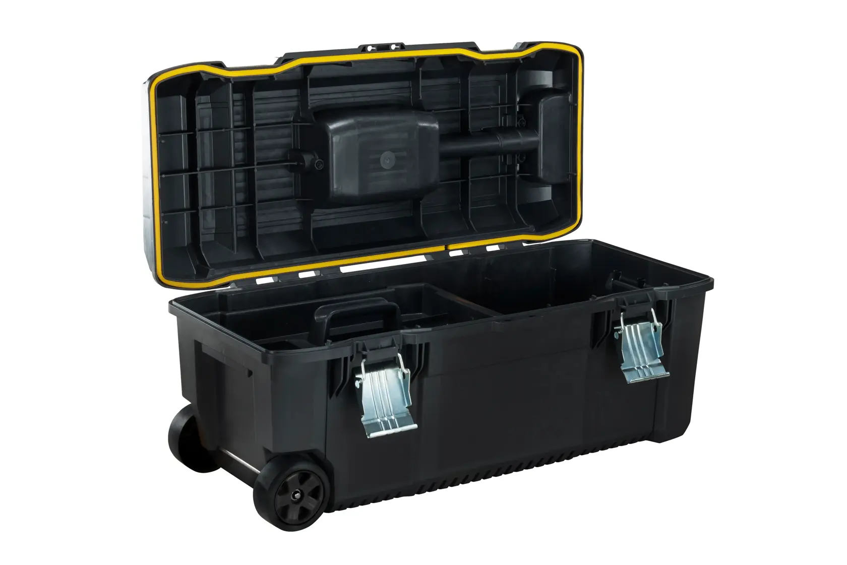 Photo of STANLEY FMST1-75761 large black wheeled toolbox with open lid and metal latches, front angle on white background.