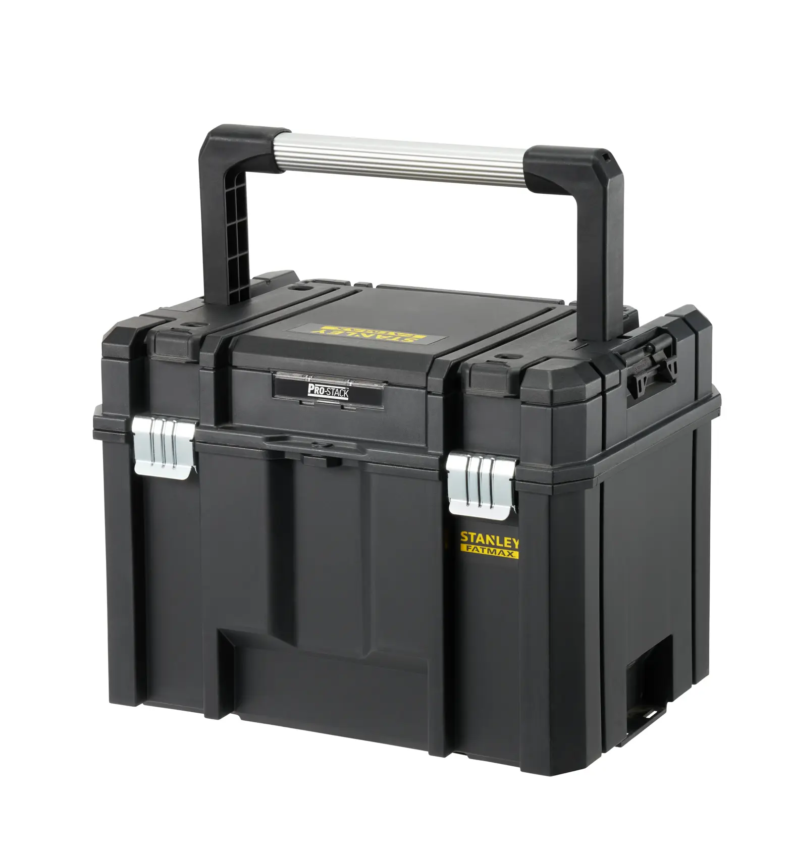 STANLEY FMST1-75796 tool box, black, front angled view, with large metal handle and secure metal latches.