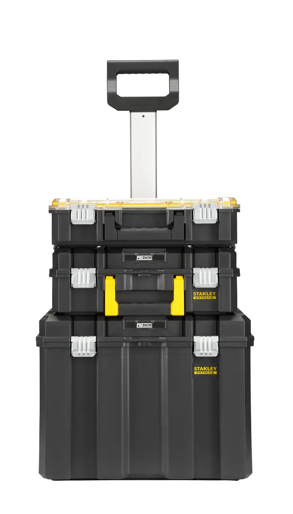 STANLEY FMST1-80101 black and yellow rolling tool box stack, front angle, on white background.