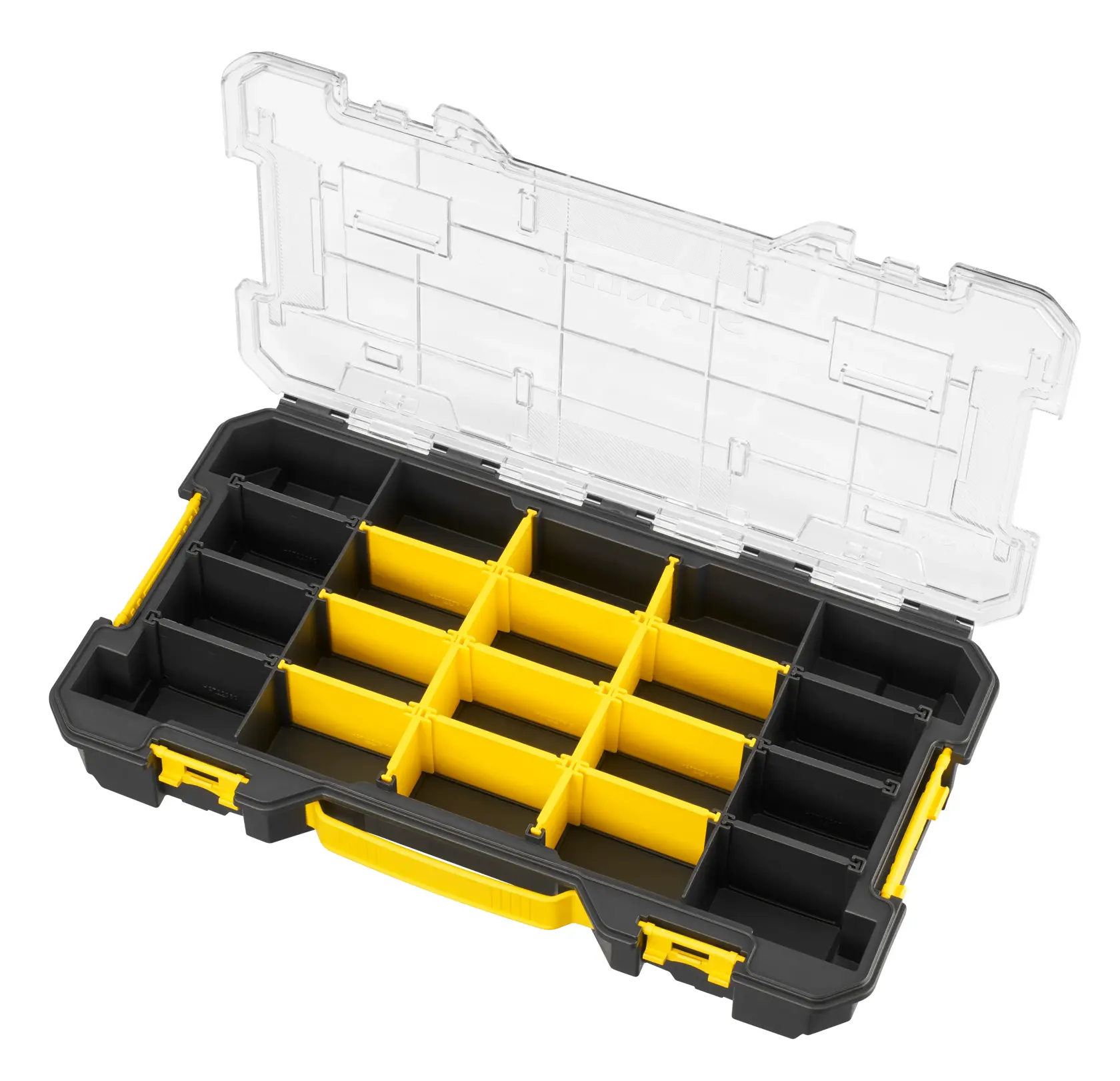 STANLEY FMST17838-1 organizer box with yellow handle and dividers, clear lid, top-down angle.