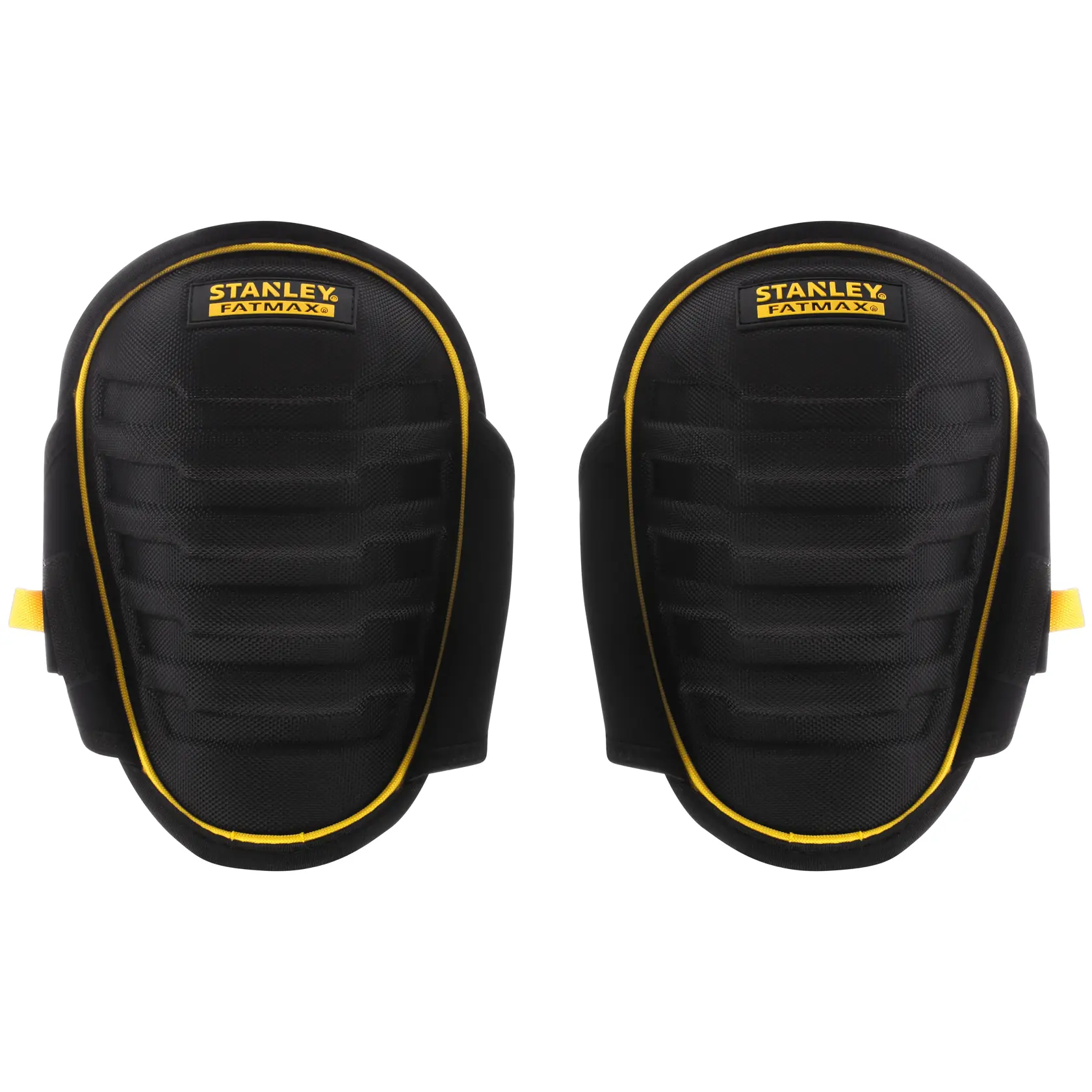 Photo of STANLEY FMST82959-1 black and yellow knee pads, front angle on white background.