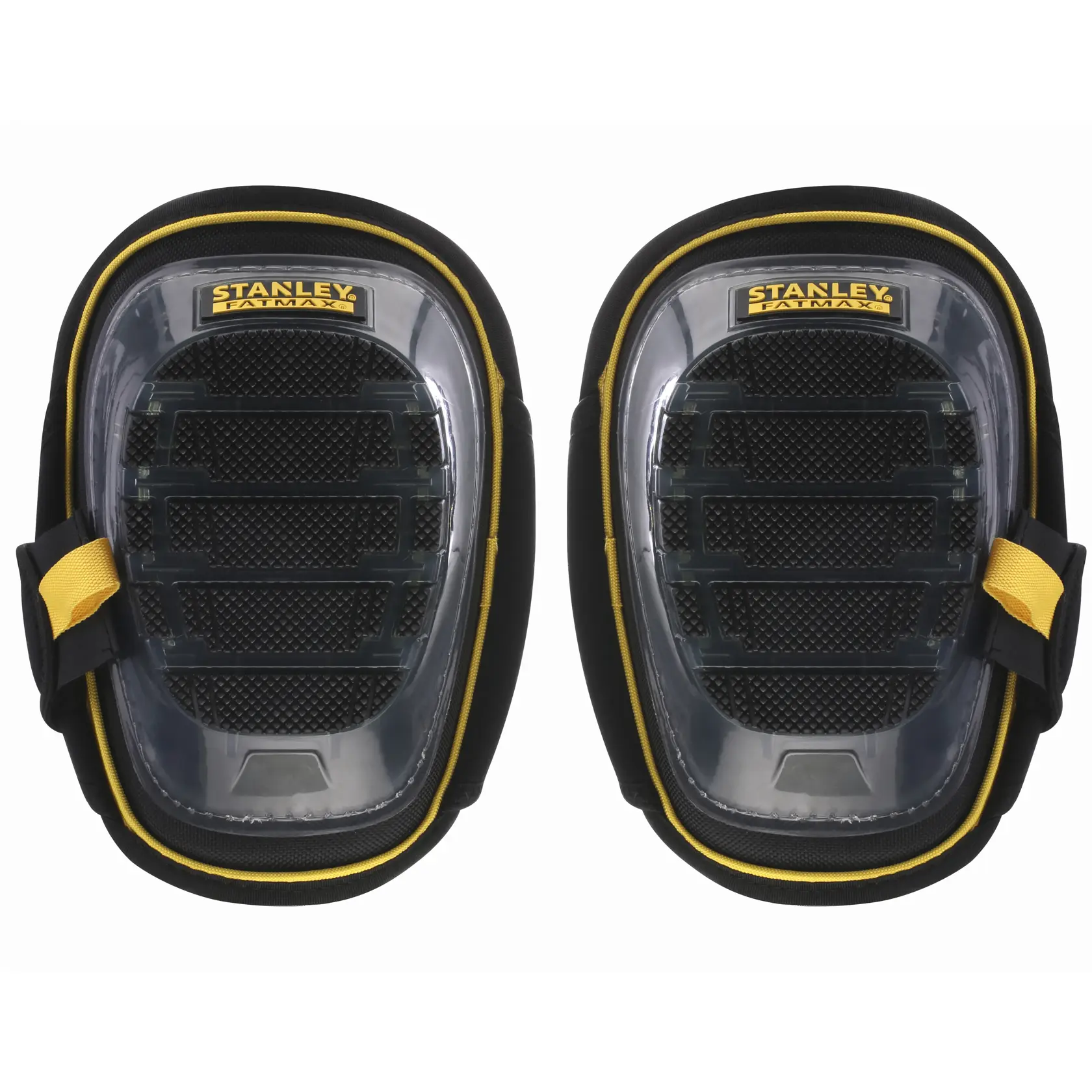STANLEY FMST82960-1 knee pads with clear plastic caps, black and yellow, front view on white background.