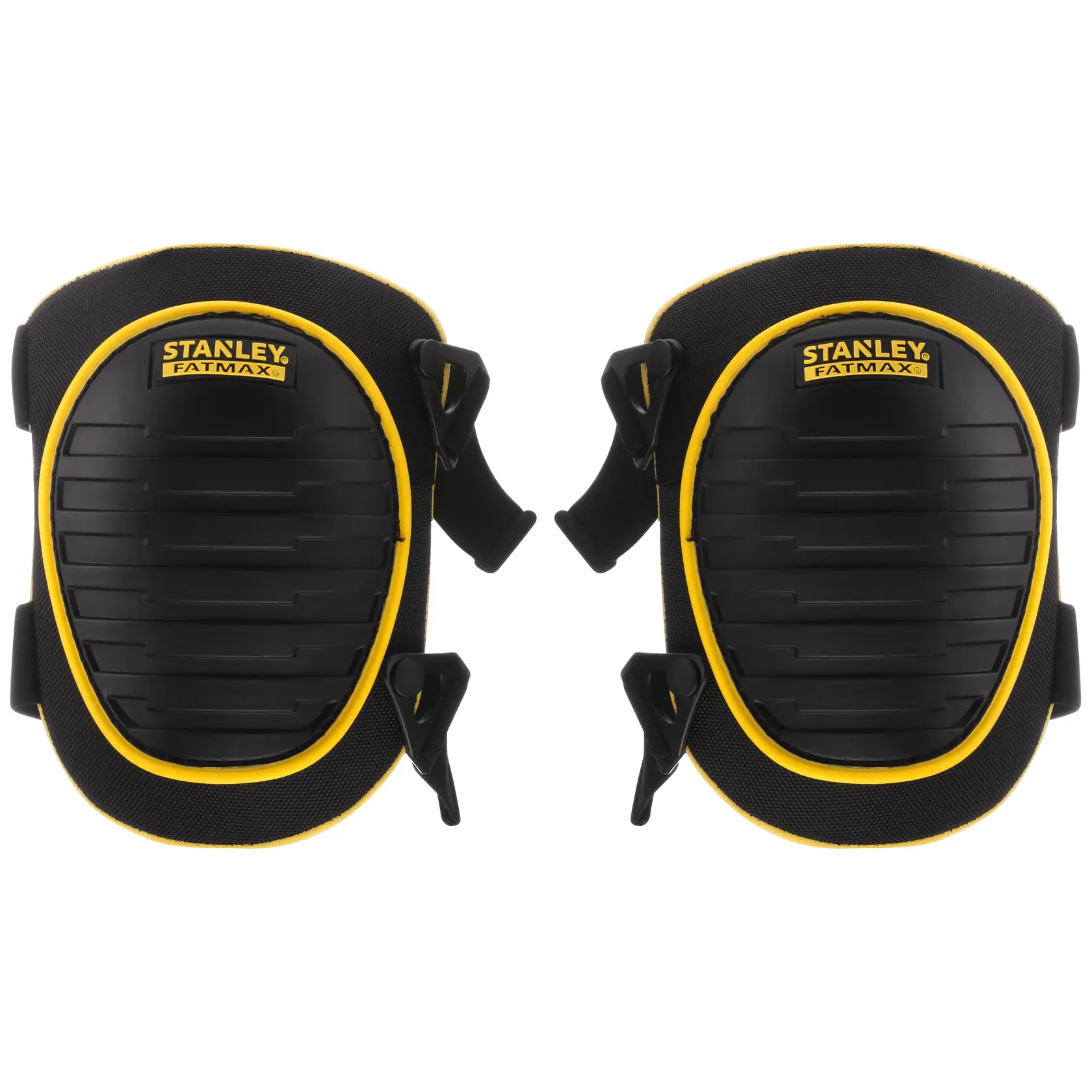 Stanley FMST82961-1 black and yellow FatMax knee pads, front view, with hard shell and adjustable straps.