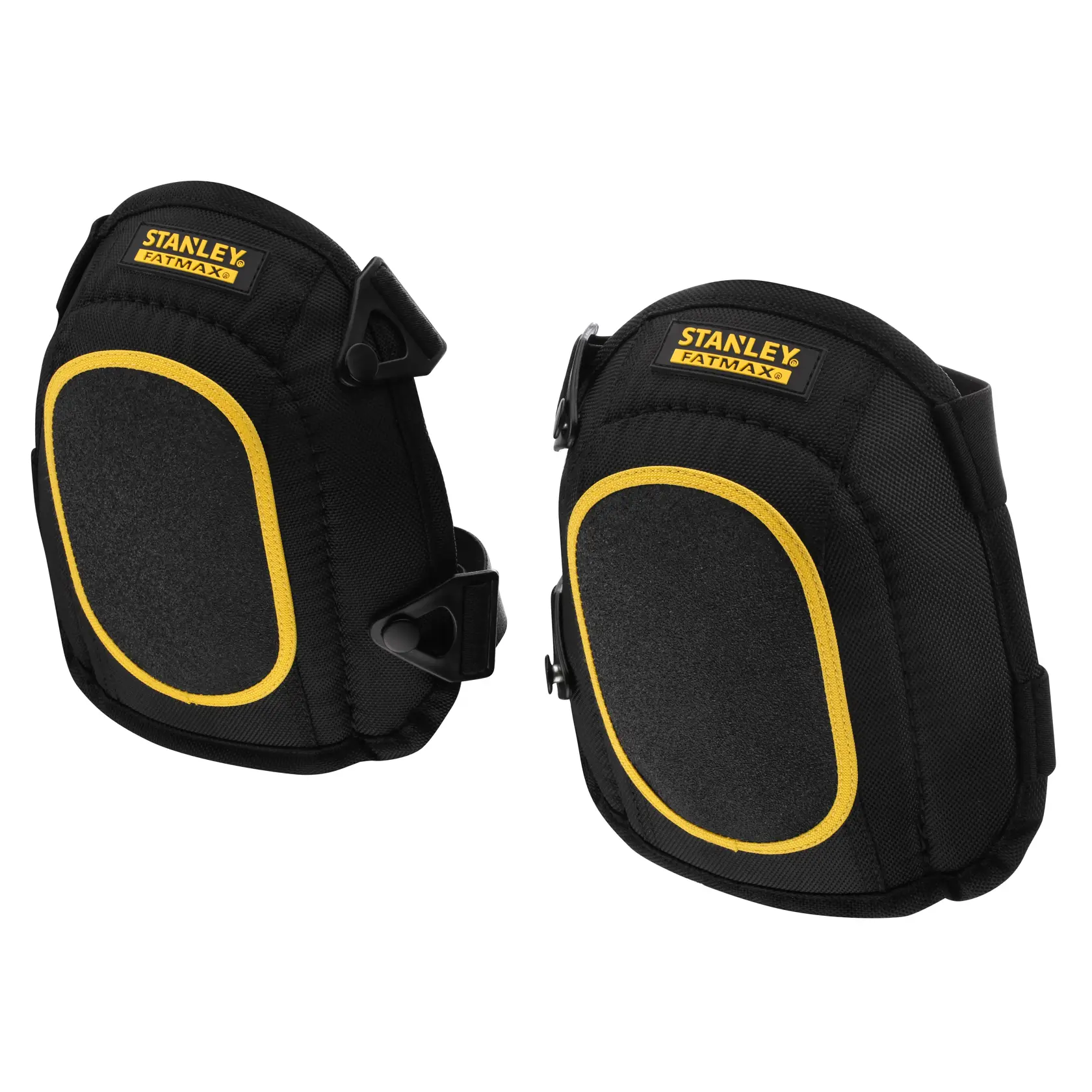 Photo of STANLEY FMST82962-1 black and yellow knee pads with adjustable straps, front angle on white background.