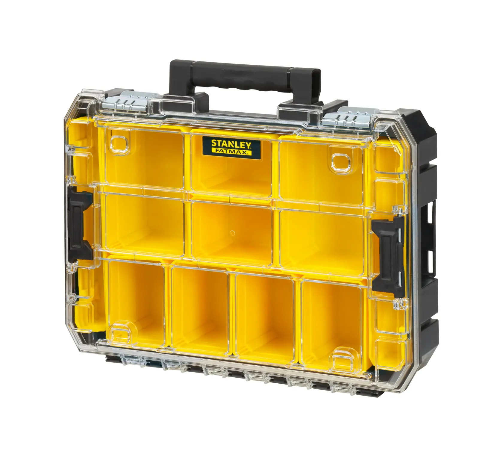 STANLEY FMST82967-1 yellow organizer box with clear lid and black handle, front angle photo.