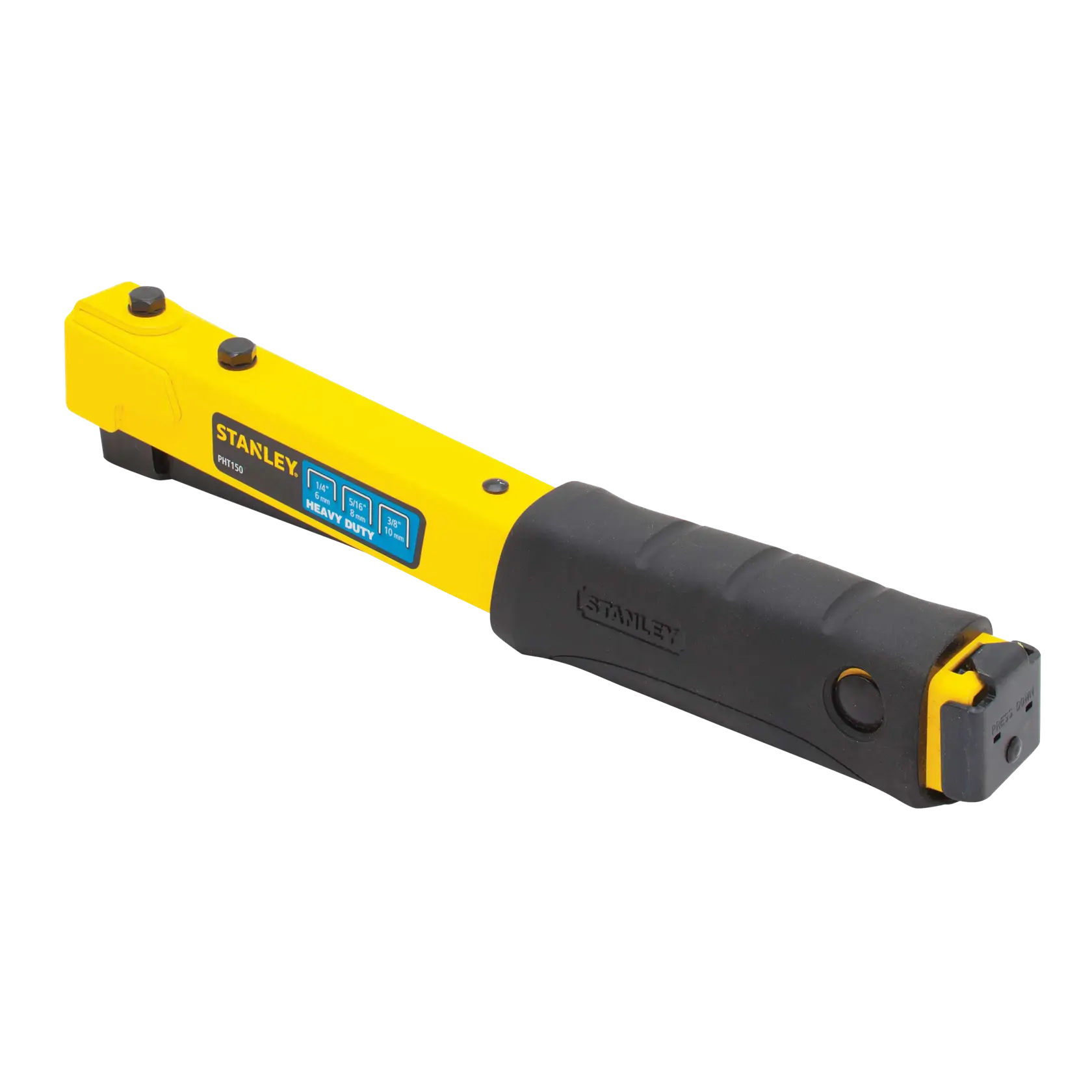 Stanley heavy duty tacker, yellow and black, angled side view, ergonomic handle, white background