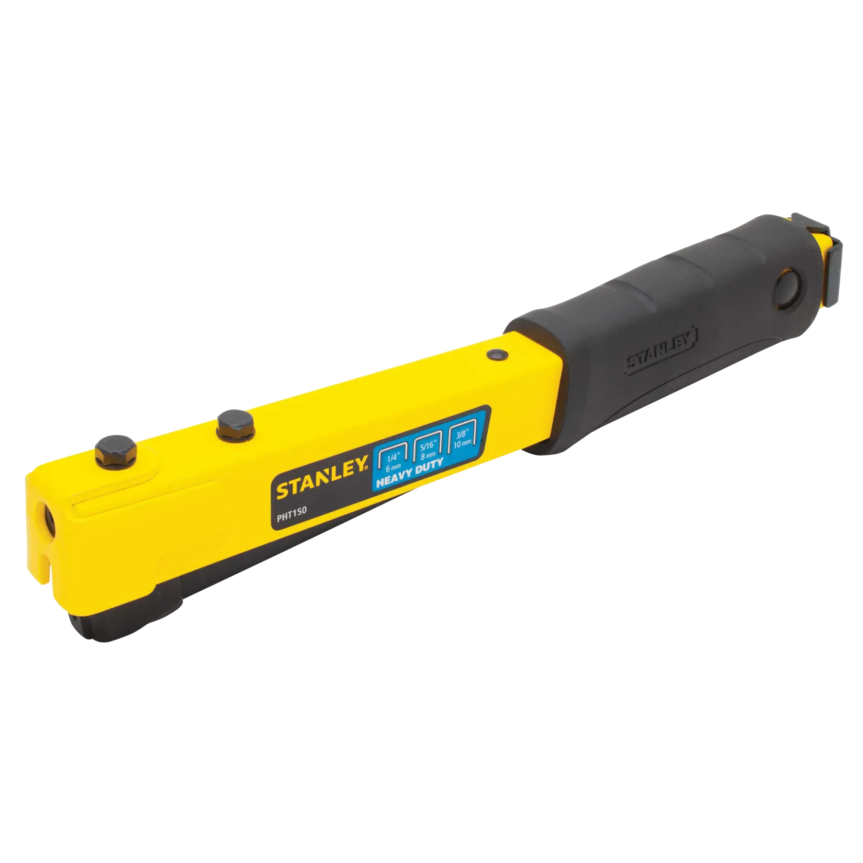 Stanley heavy duty yellow hand rivet tool with black grip, angled side view on white background