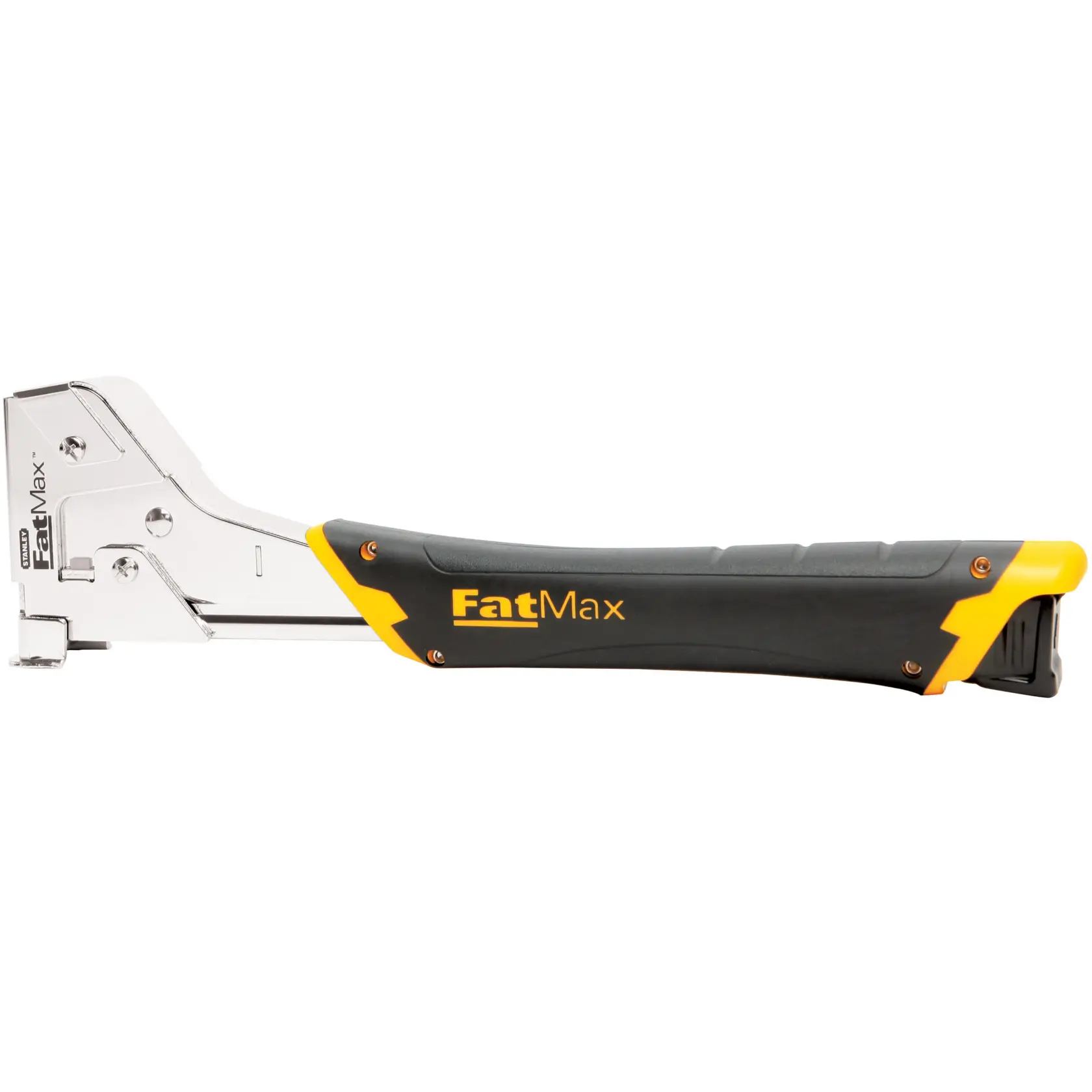 Stanley FatMax hammer tacker, side view, black and yellow handle, silver metal head on white background