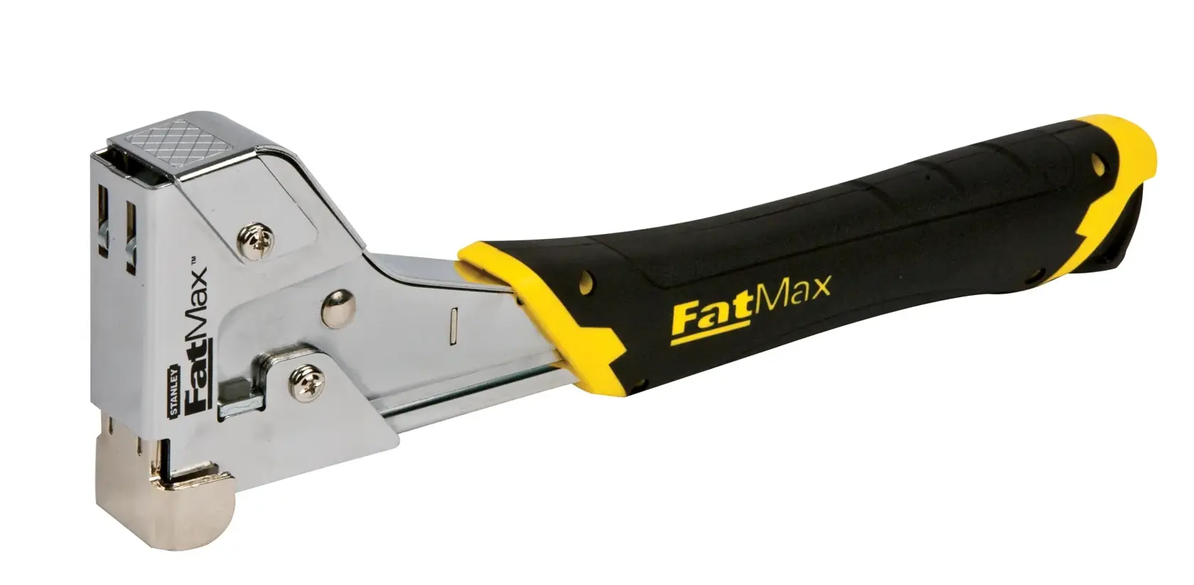 STANLEY FatMax PHT250C hammer tacker with black and yellow handle, side angle on white background.