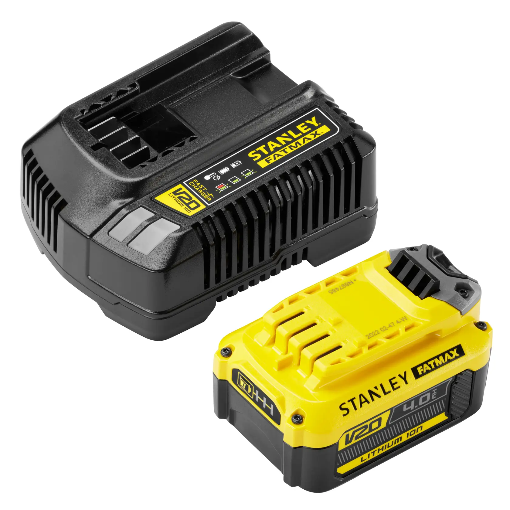 STANLEY SFMCB14M1 V20 FatMax battery and charger set, black and yellow, angled product photo on white background.