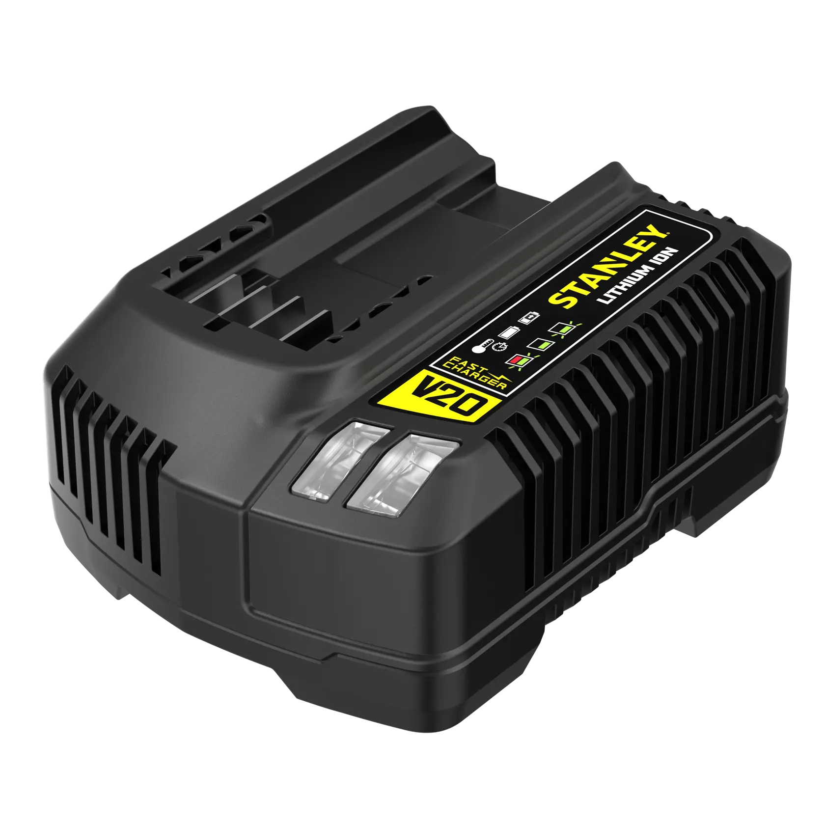STANLEY SFMCB14 battery charger, black, V20 Lithium-Ion, angled photography on white background.