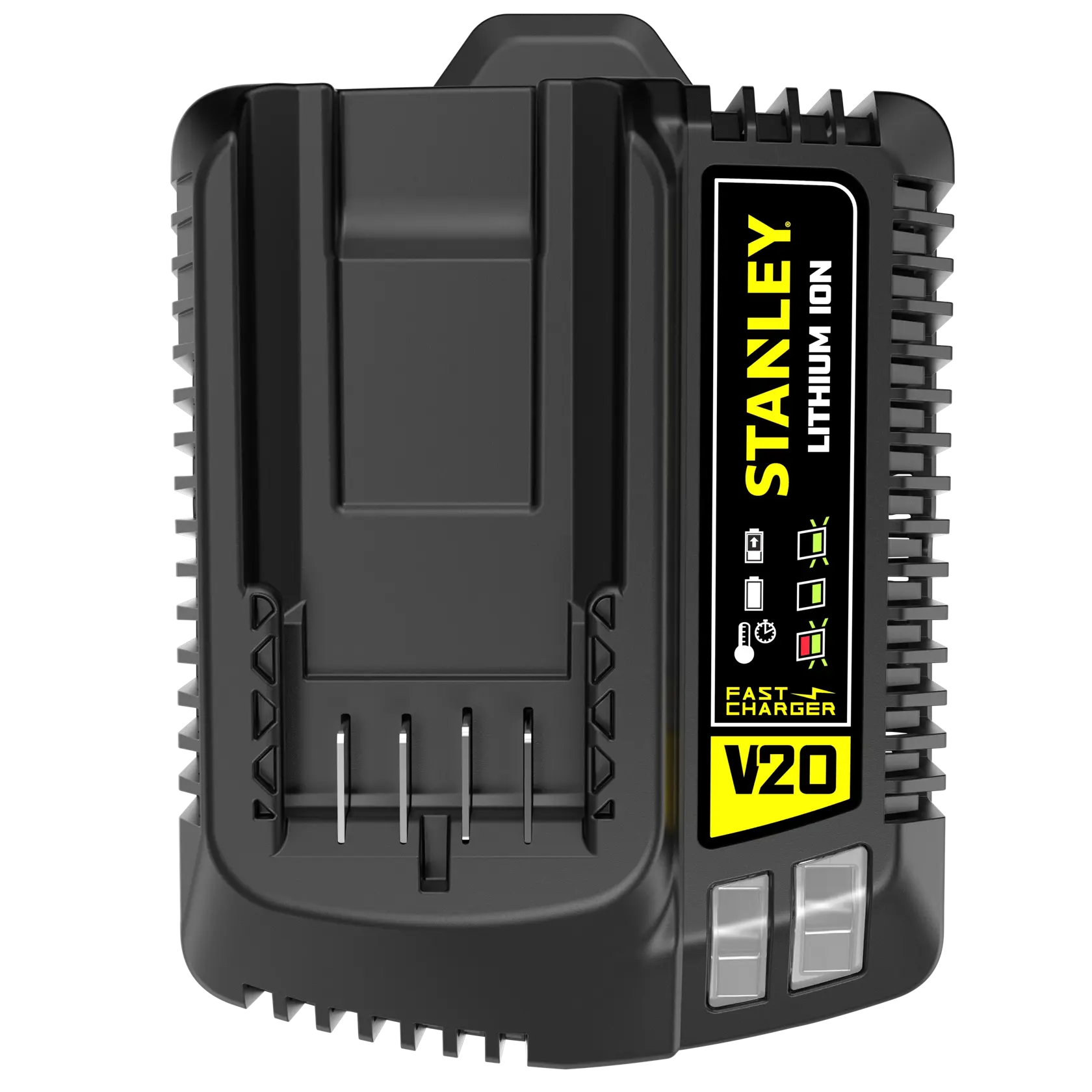Stanley SFMCB14 battery charger, black, front angle, V20 lithium-ion, Fatmax branding.