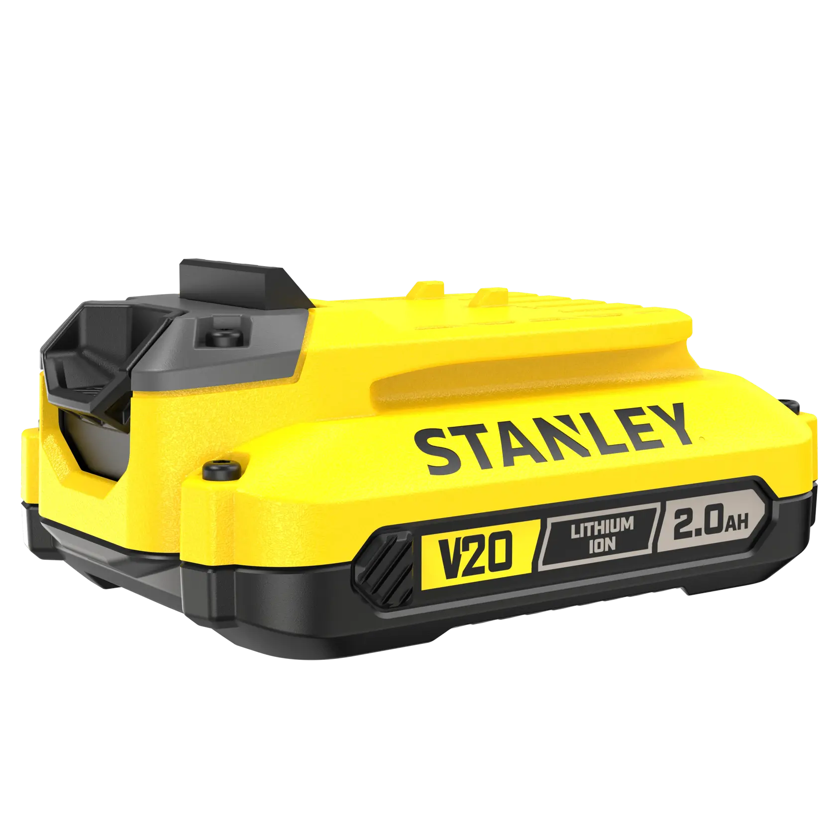STANLEY SFMCB202 V20 FATMAX 2.0Ah lithium-ion battery, angled side view, yellow and black casing.