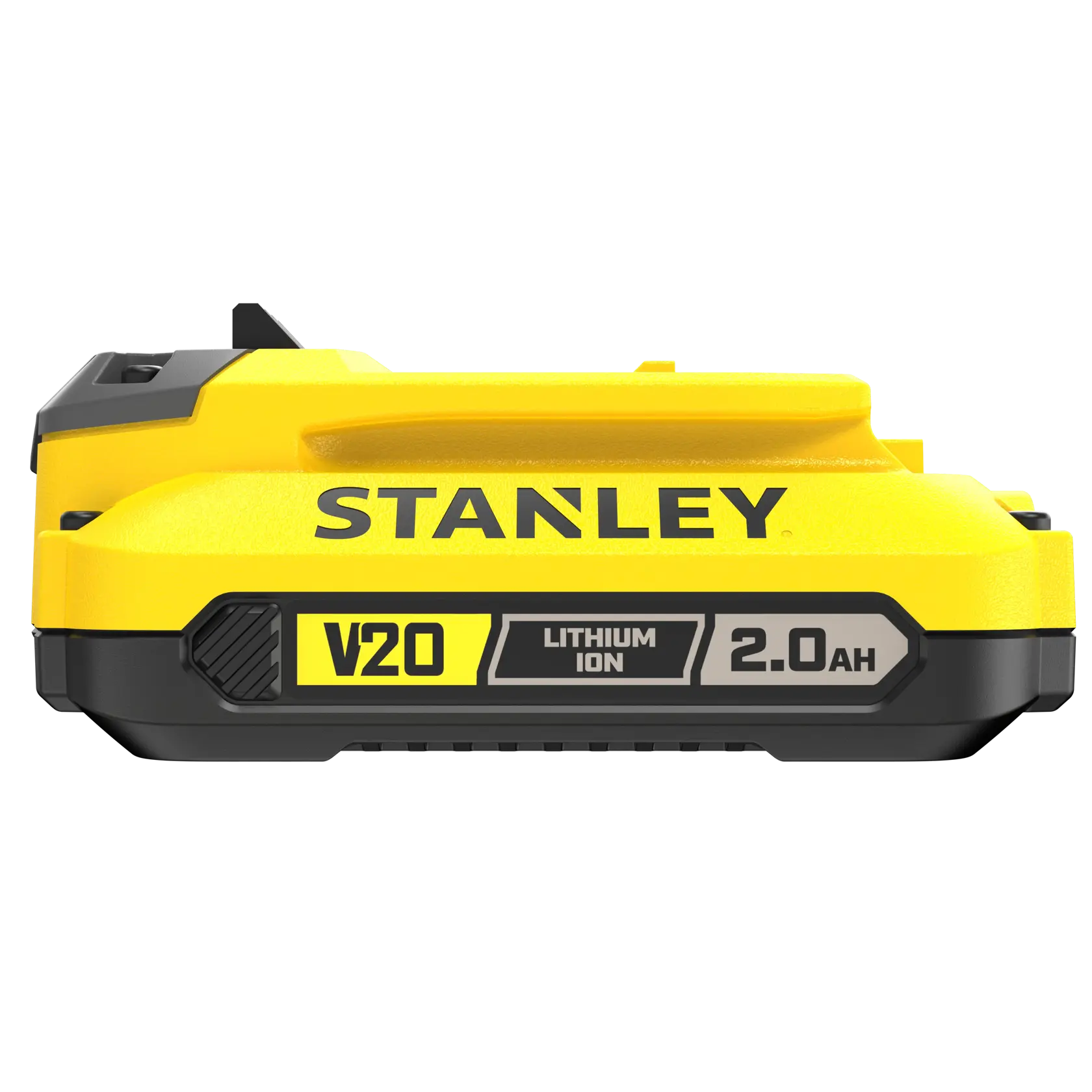 STANLEY SFMCB202 V20 FATMAX 2.0Ah lithium-ion battery front angle on white background.