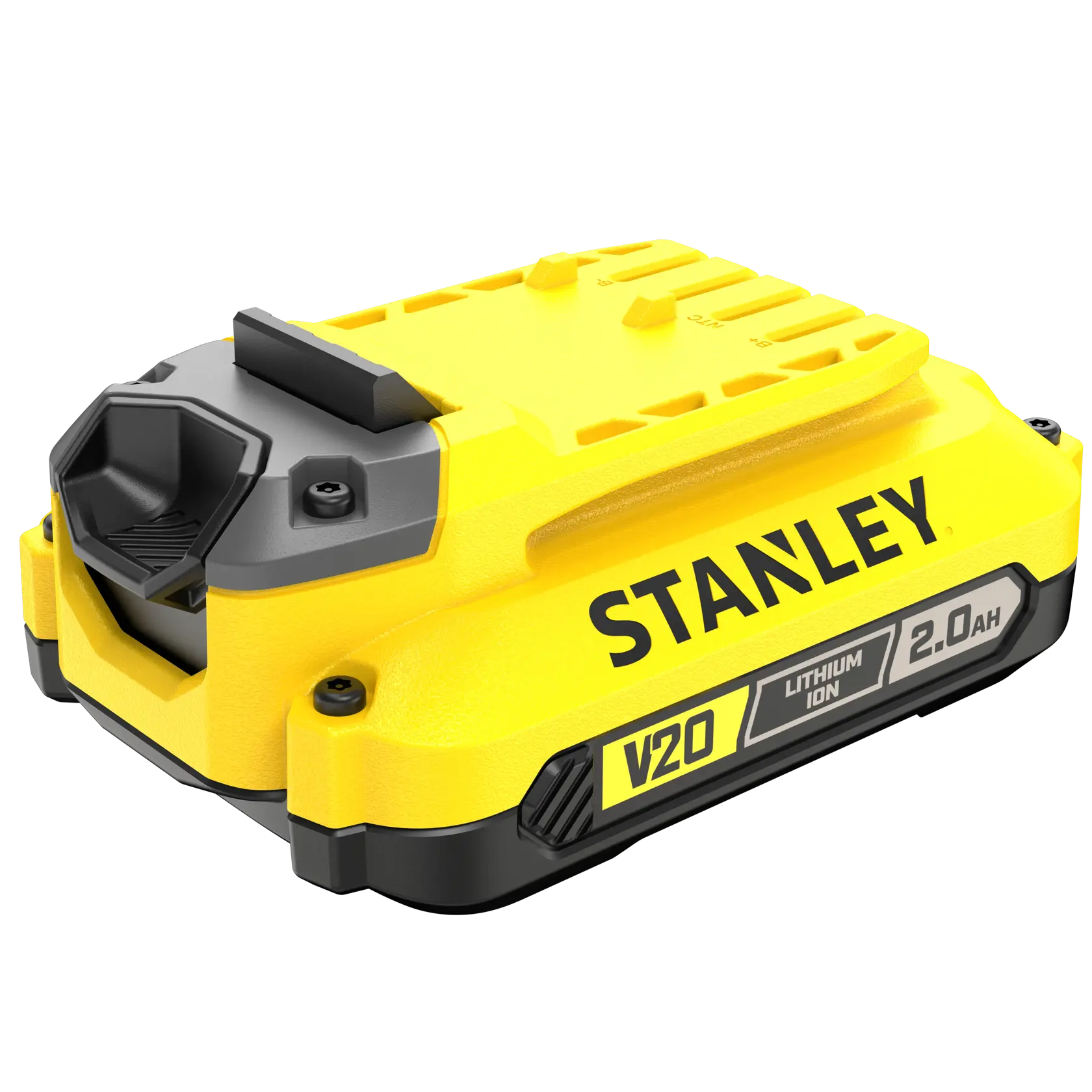 STANLEY SFMCB202 V20 lithium ion battery, yellow and black, angled side view.