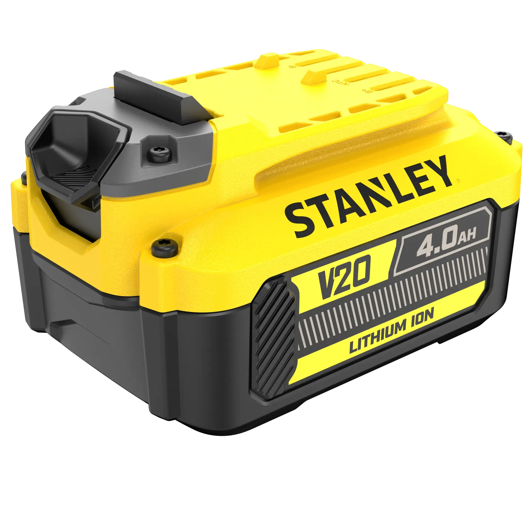 STANLEY SFMCB204 V20 4.0Ah Lithium Ion battery, yellow and black, front angle on white background.