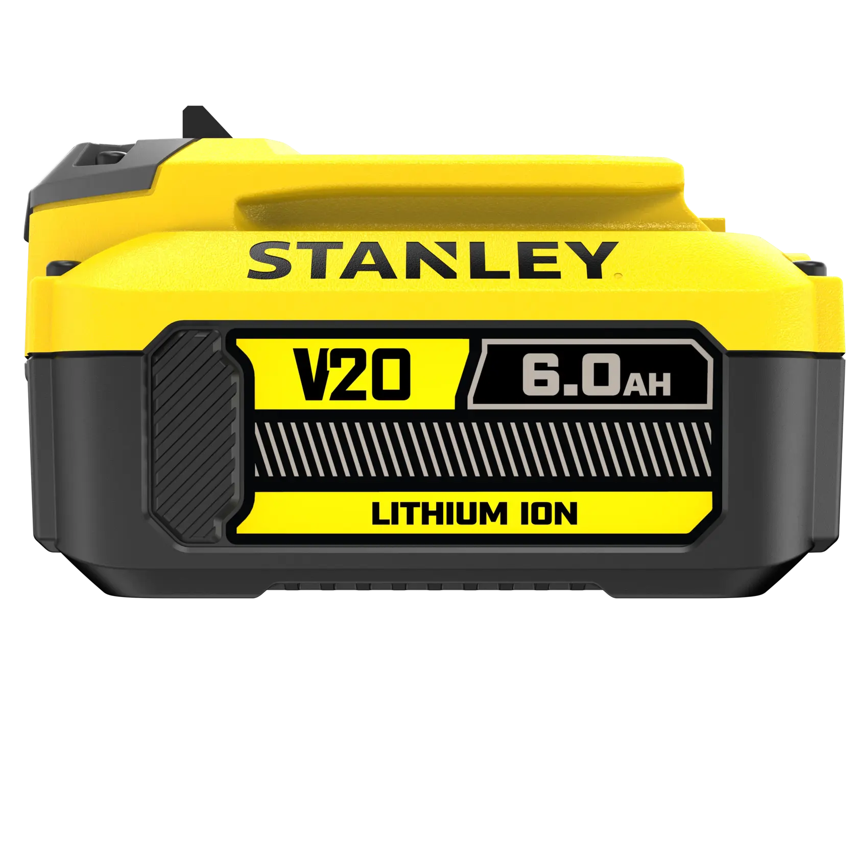 Photo of STANLEY FATMAX SFMCB206 V20 6.0Ah lithium ion battery, front angle, yellow and black casing.