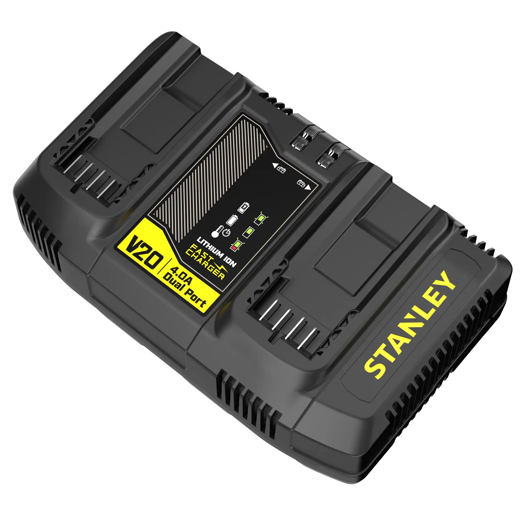 STANLEY SFMCB24 dual port battery charger with two black and yellow batteries, angled view on white background.