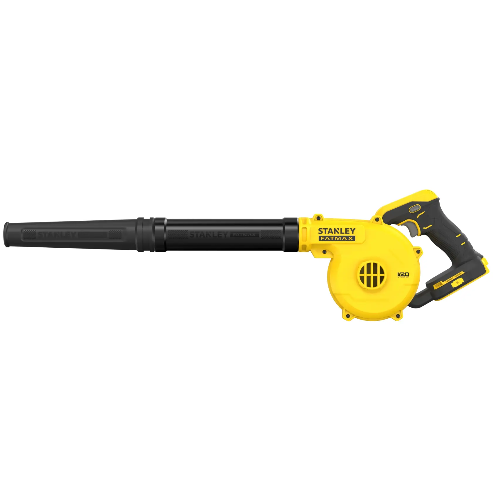 Photo of STANLEY SFMCBL01B cordless yellow and black blower, side view on white background.