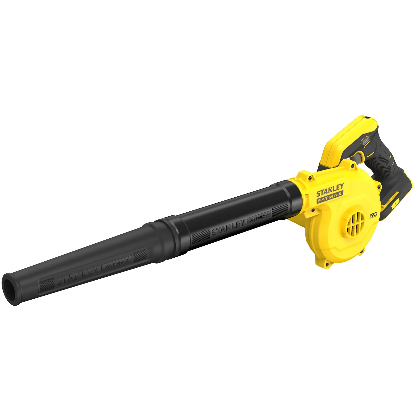 Photo of STANLEY SFMCBL01B cordless yellow and black blower, side angle on white background.