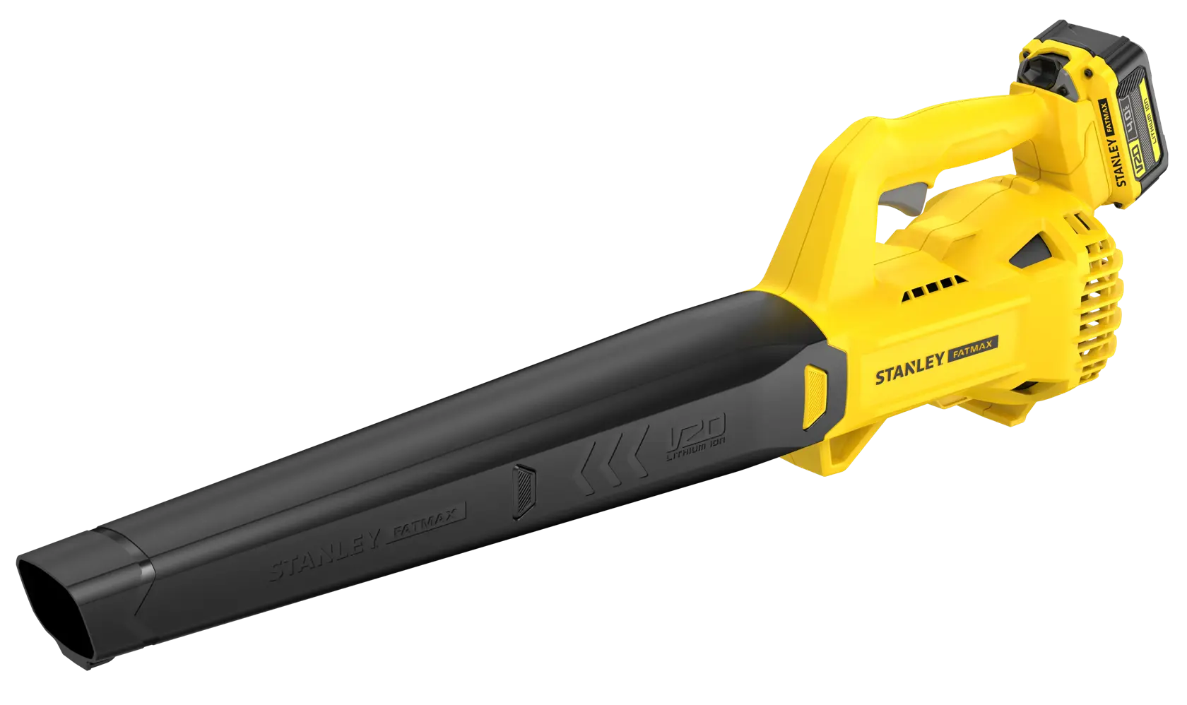 STANLEY SFMCBL714M1 cordless leaf blower, yellow and black, side angle on white background.