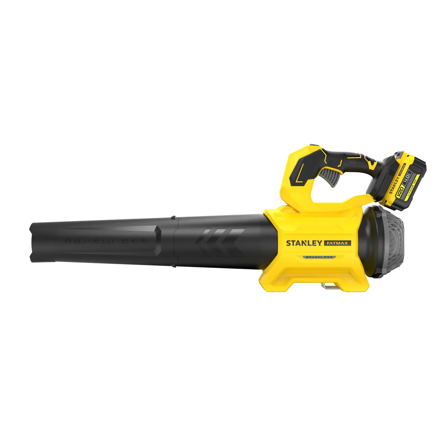 Photo of STANLEY SFMCBL730M1 cordless leaf blower, yellow and black, side angle on white background.