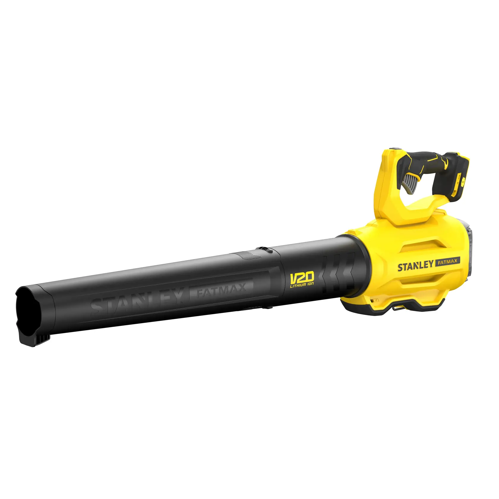 Stanley Fatmax V20 cordless leaf blower with black tube and yellow body, ergonomic handle, side view.