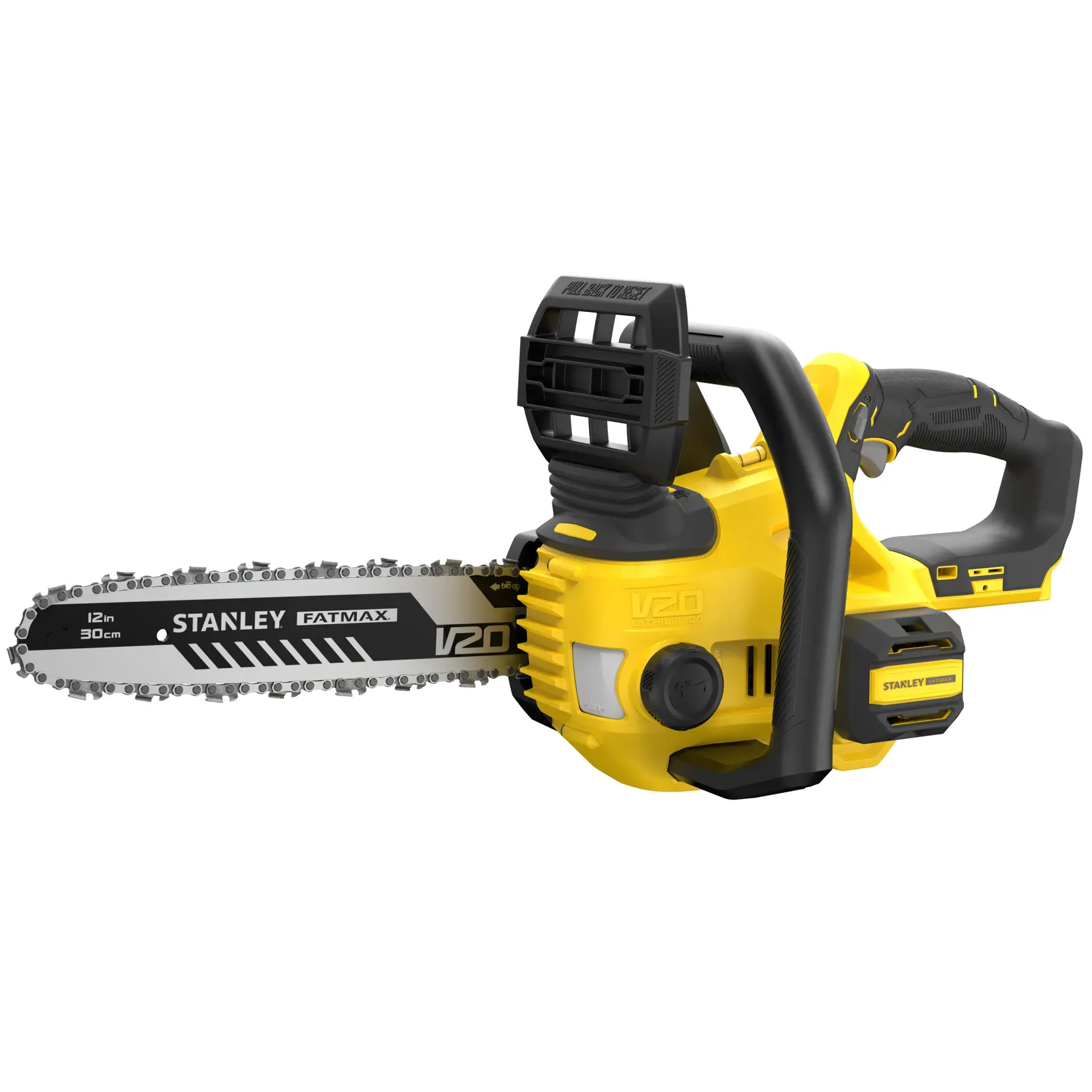 STANLEY SFMCCS630B cordless chainsaw with yellow and black design, 12 inch bar, product side angle on white background.