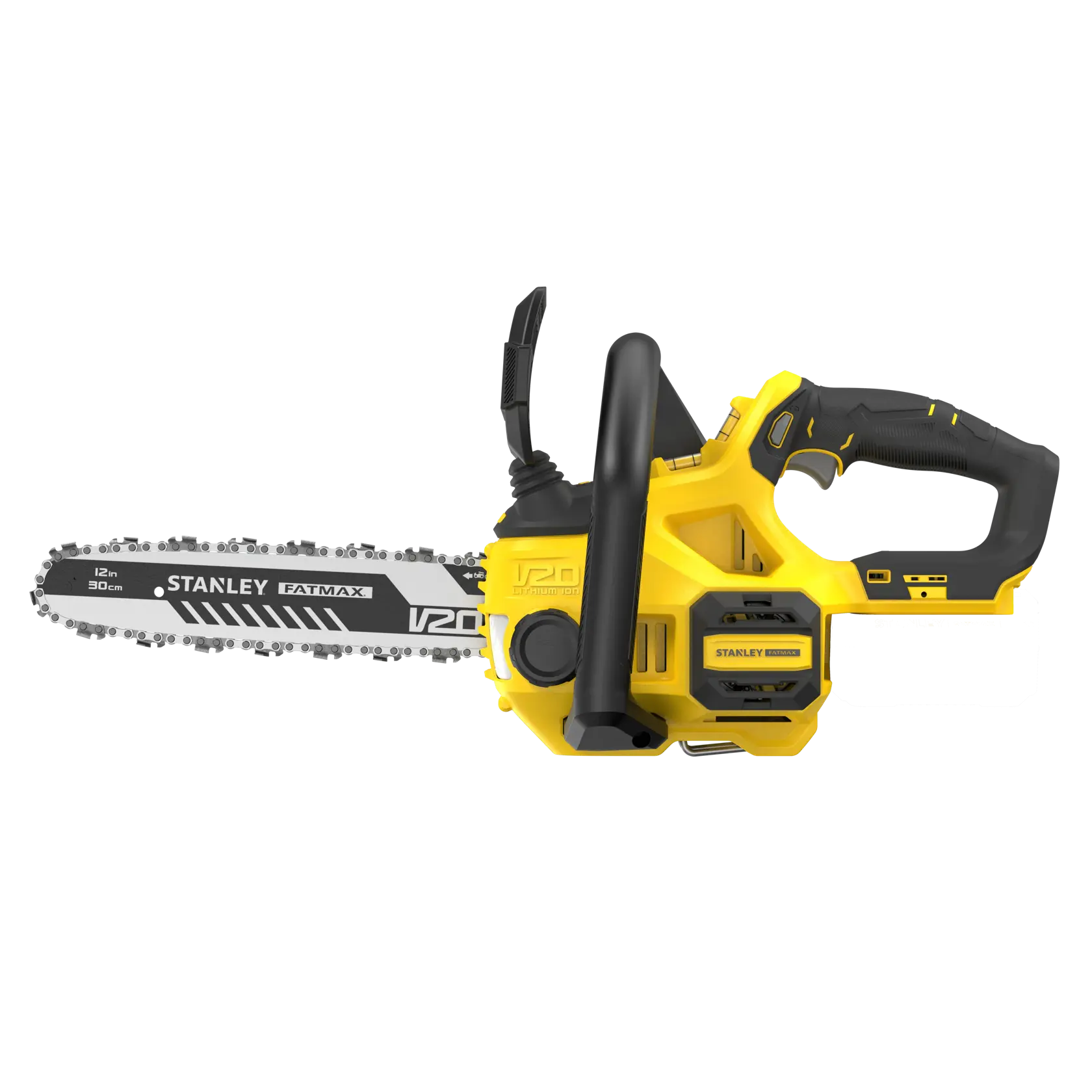 STANLEY SFMCCS630B cordless chainsaw, yellow and black, side angle on white background.