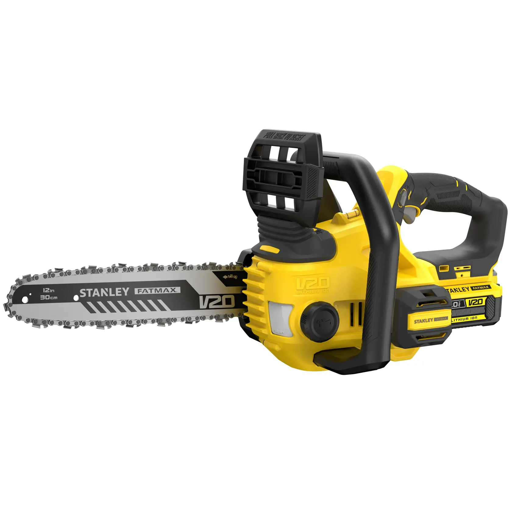 STANLEY SFMCCS630M1 cordless chainsaw, yellow and black, side angle, 12 inch blade, V20 Lithium Ion battery.