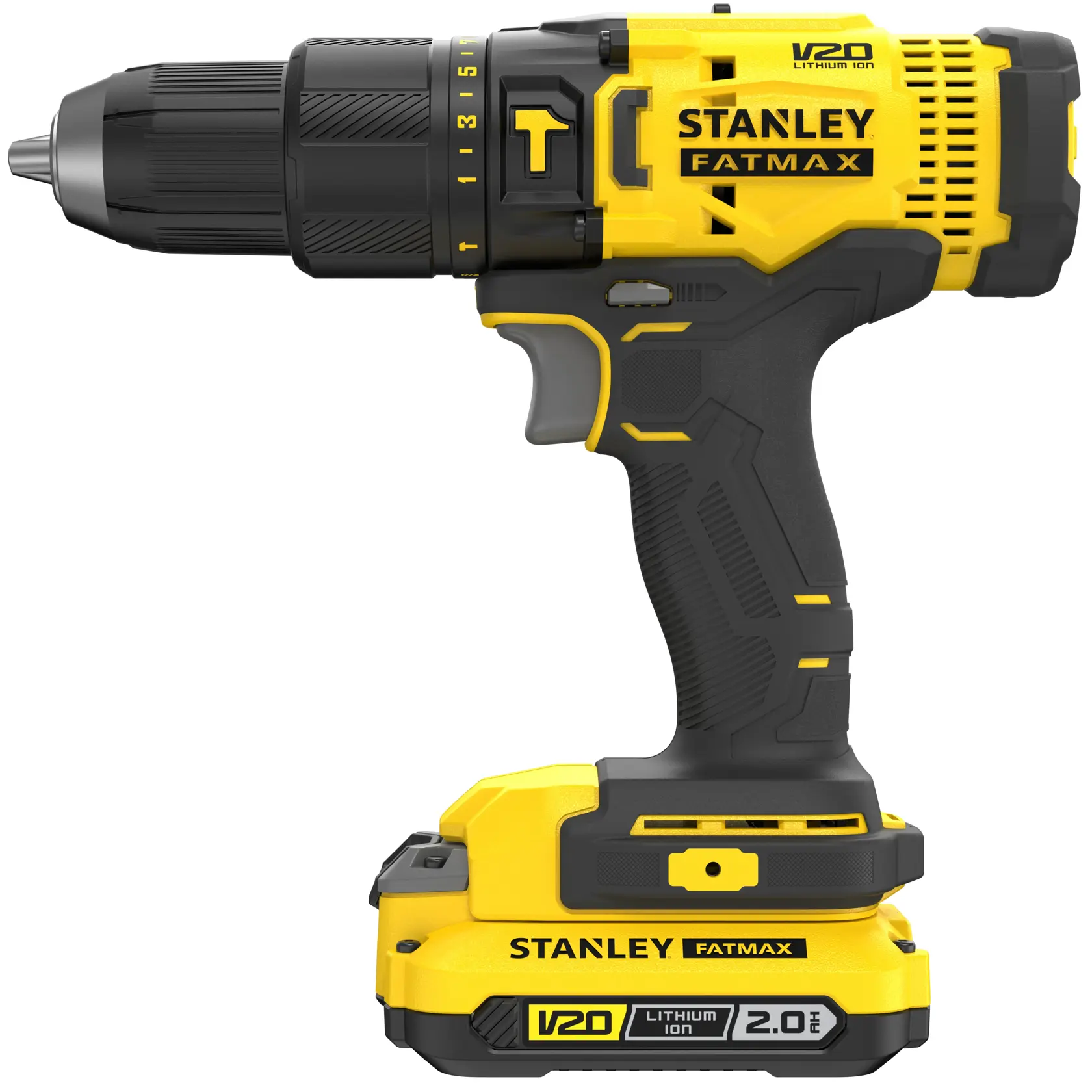 Stanley SFMCD711DM2 cordless drill, yellow and black, side angle on white background.
