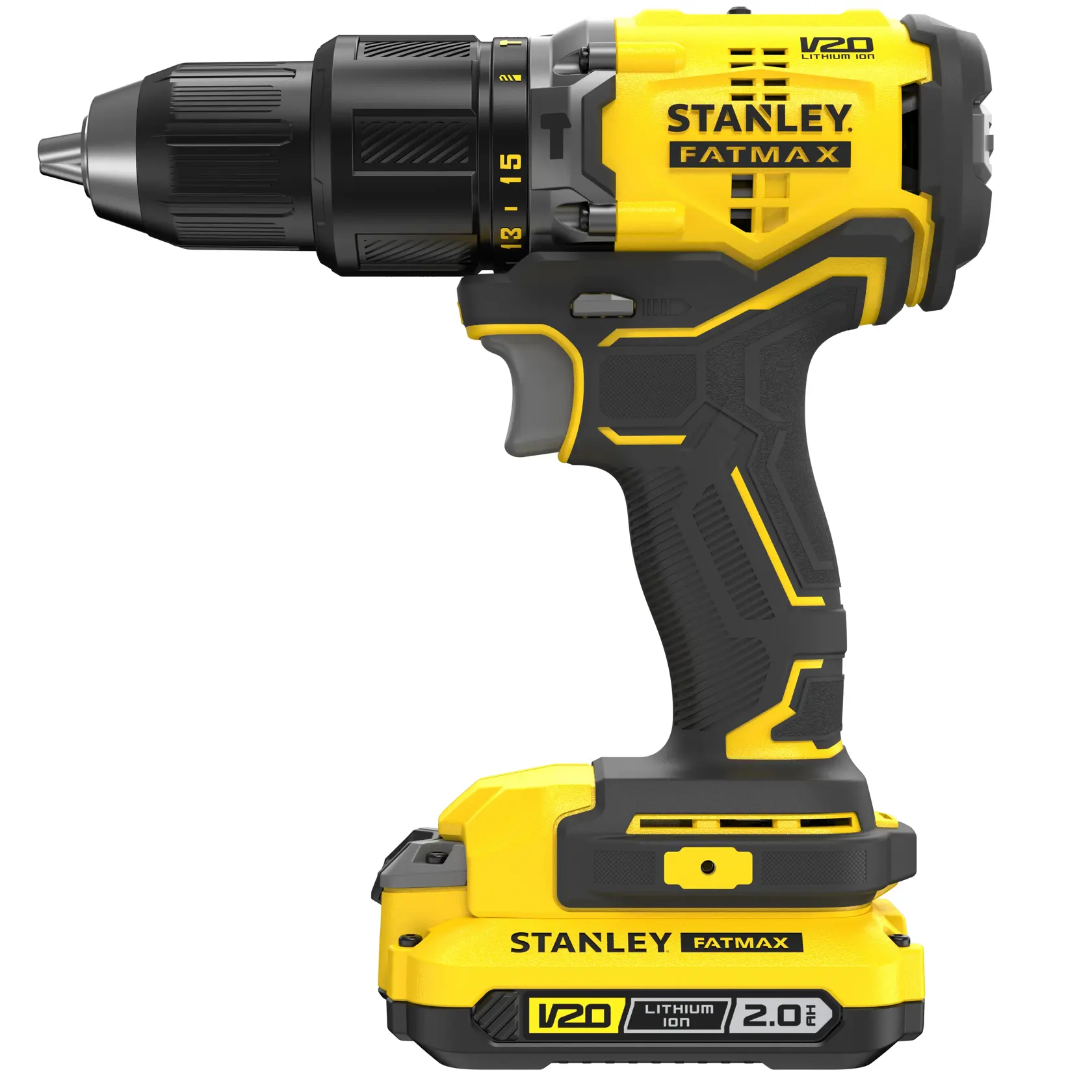 STANLEY SFMCD715D1A cordless drill, yellow and black, side angle, V20 Fatmax series.