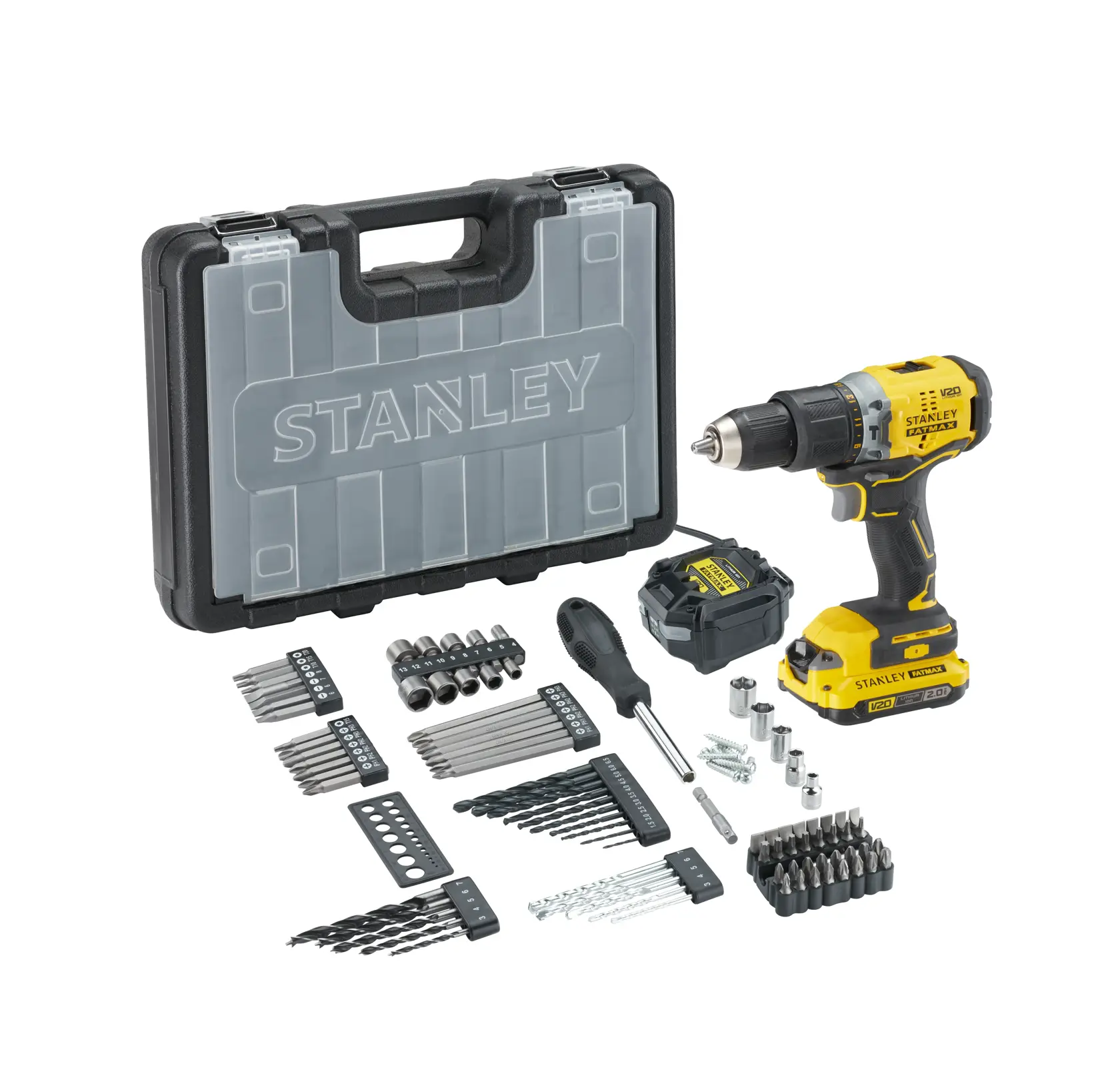 STANLEY SFMCD715D1A cordless drill kit with case, battery, screwdriver, bits, and assorted accessories, front view.