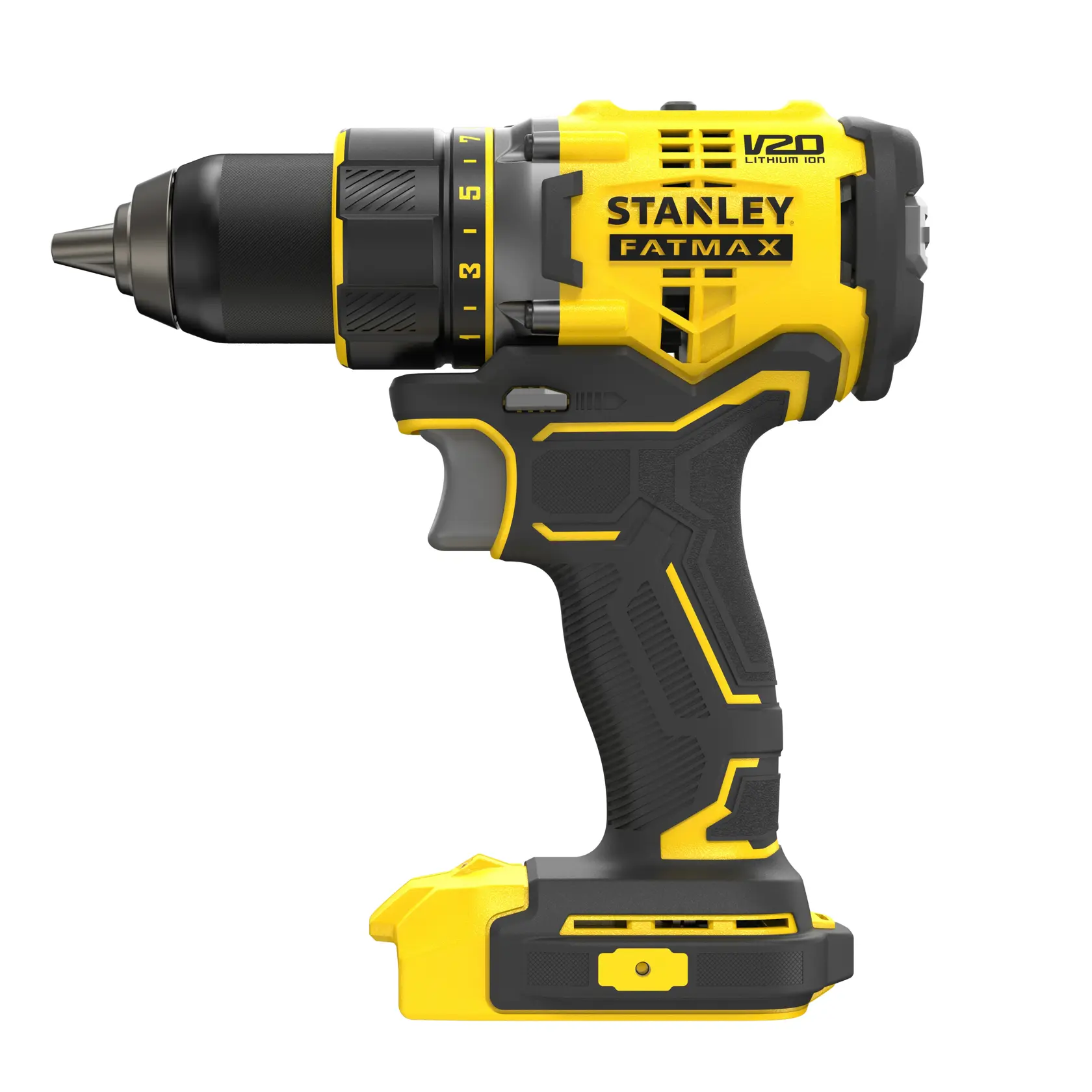 STANLEY SFMCD720B cordless drill in yellow and black, side view on white background.