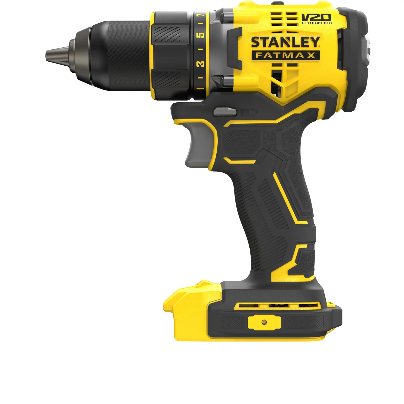 Stanley Fatmax V20 cordless drill driver, yellow and black, shown from the side on a white background.