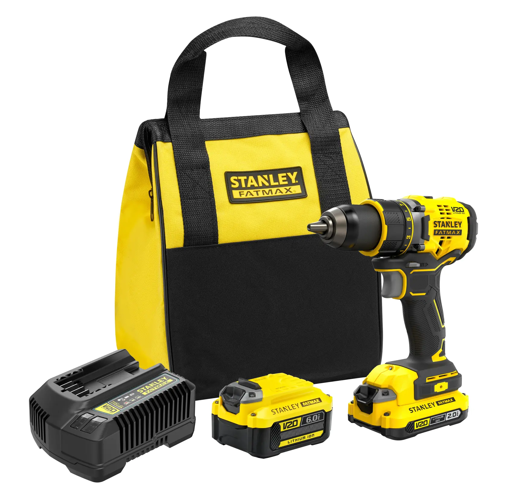 STANLEY SFMCD720DR2 drill kit with yellow-black bag, batteries, charger, front angle, photography