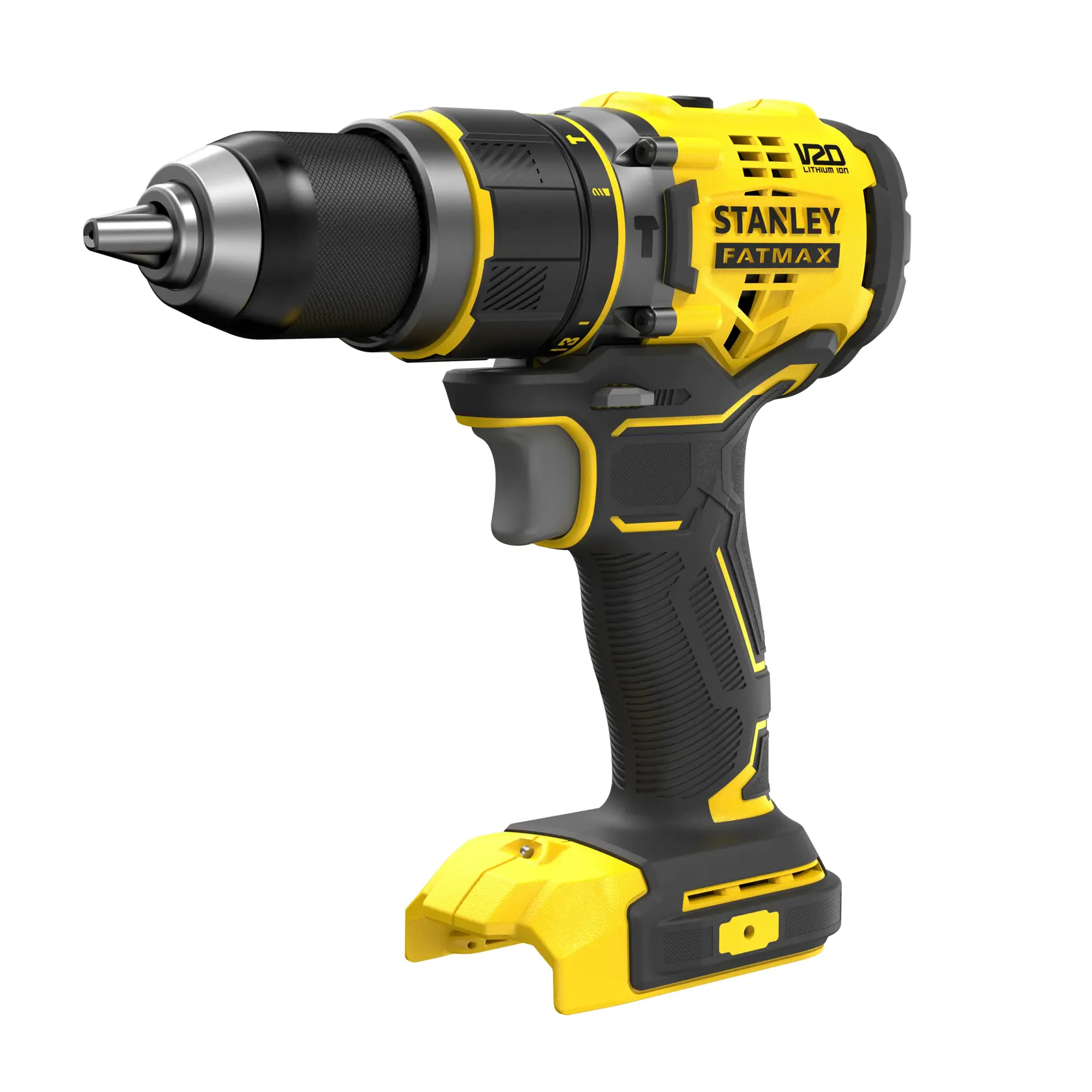 Stanley SFMCD721B cordless drill driver, yellow and black, side angle, showing grip and keyless chuck.