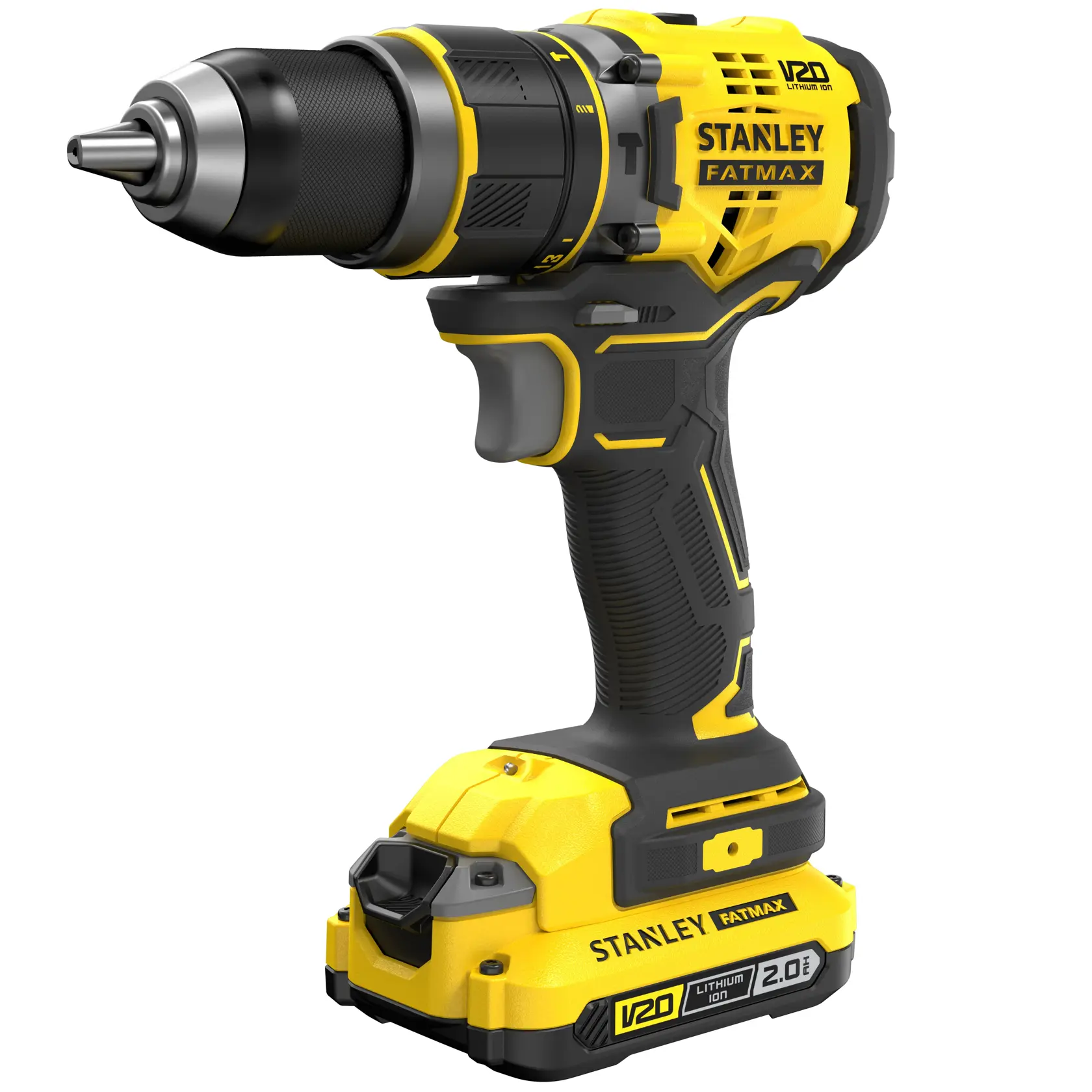Yellow and black Stanley Fatmax cordless drill with V20 lithium-ion battery.