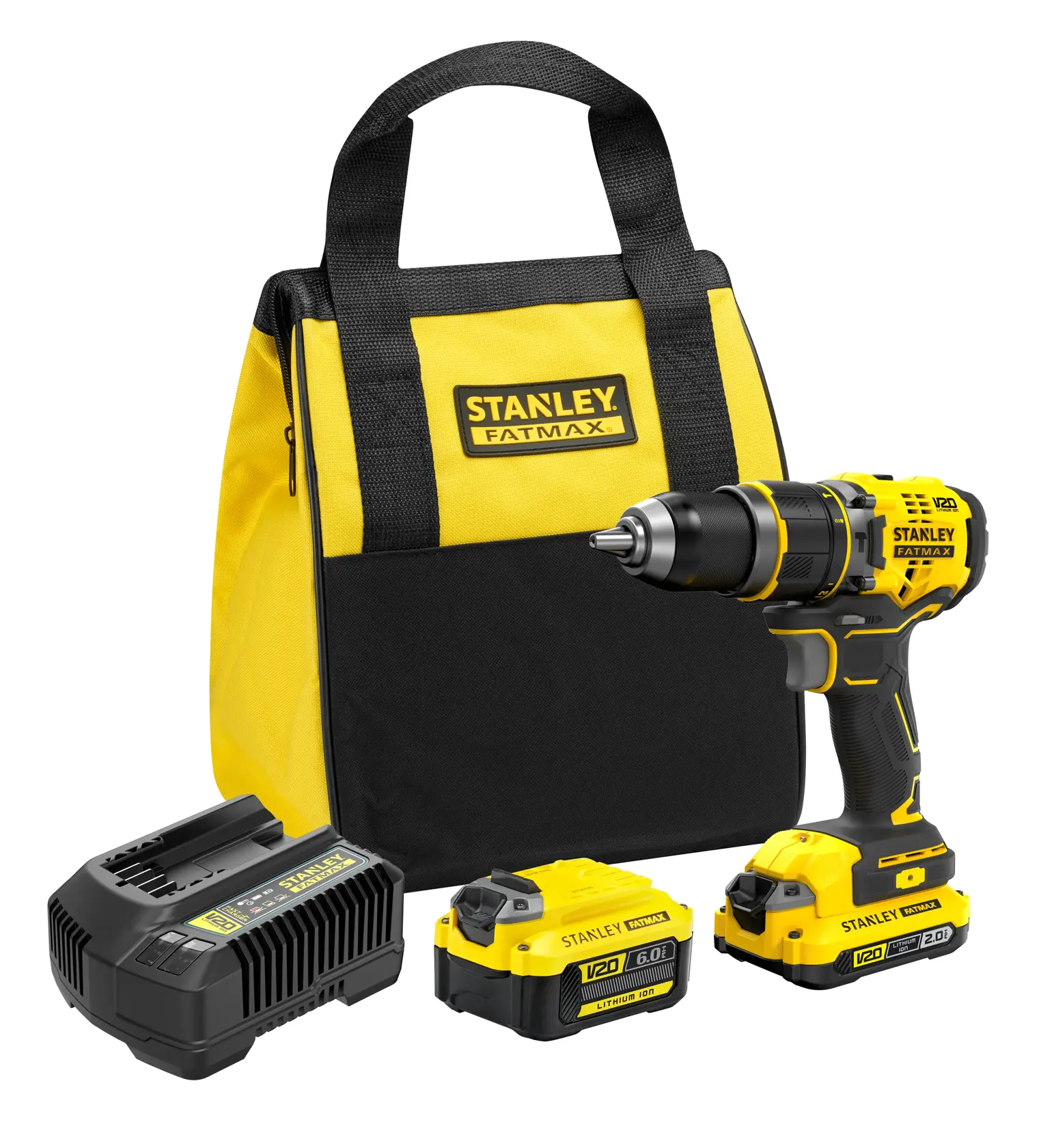 STANLEY SFMCD721DR2 cordless drill kit with yellow-black bag, two batteries, charger, front angle.