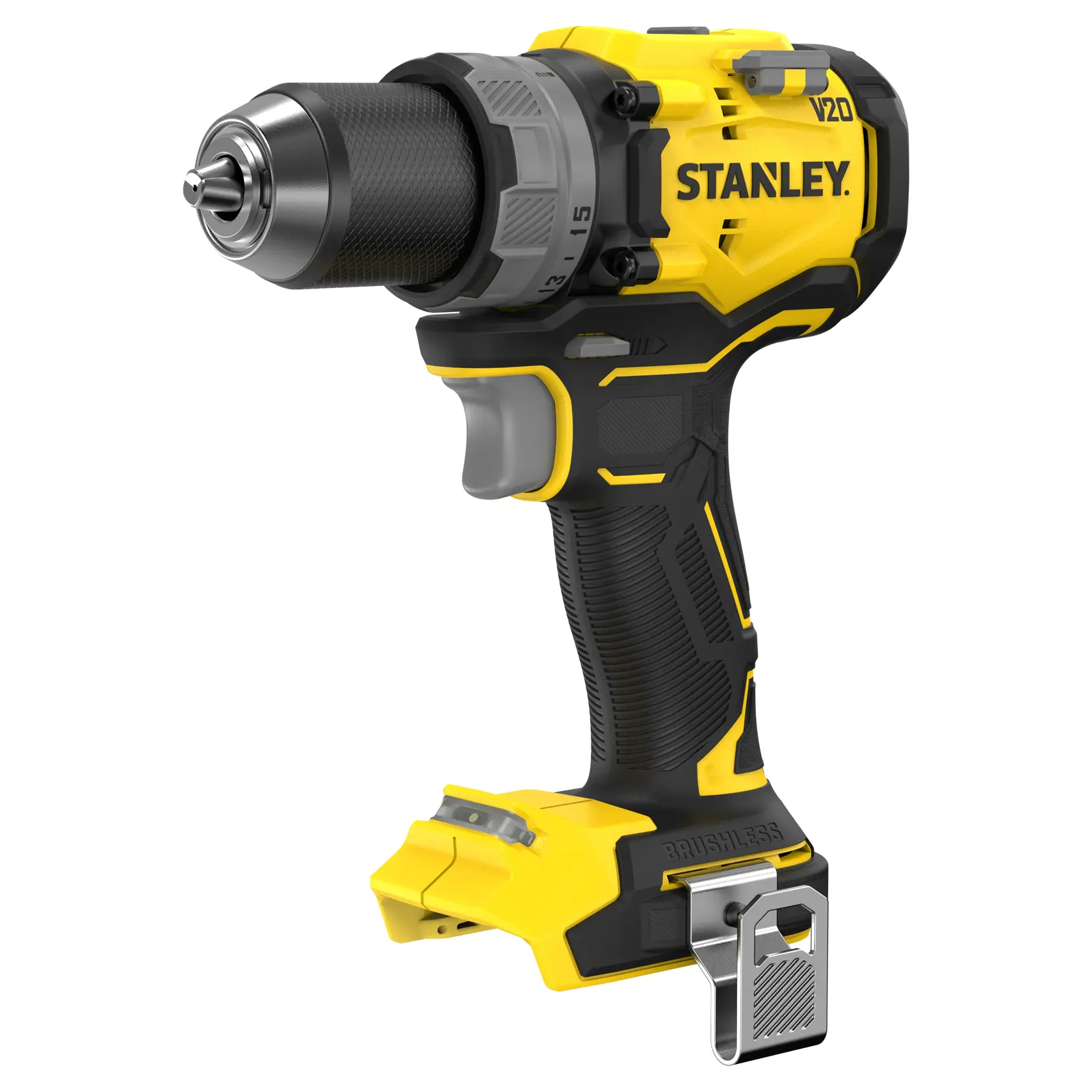 Photo of STANLEY SFMCD725B cordless drill, yellow and black, side angle on white background.