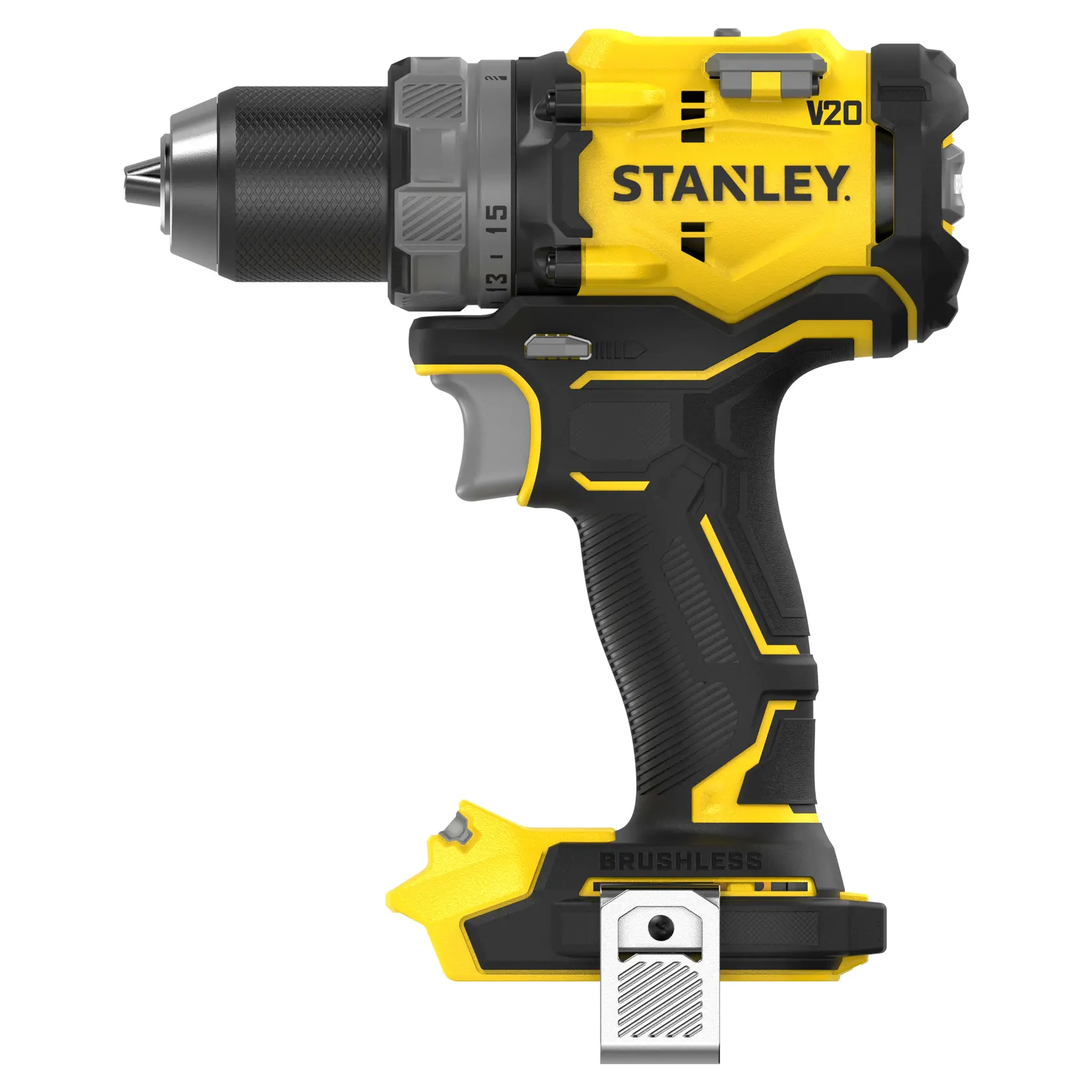 Photo of STANLEY SFMCD725B cordless drill, yellow and black, side view on white background.