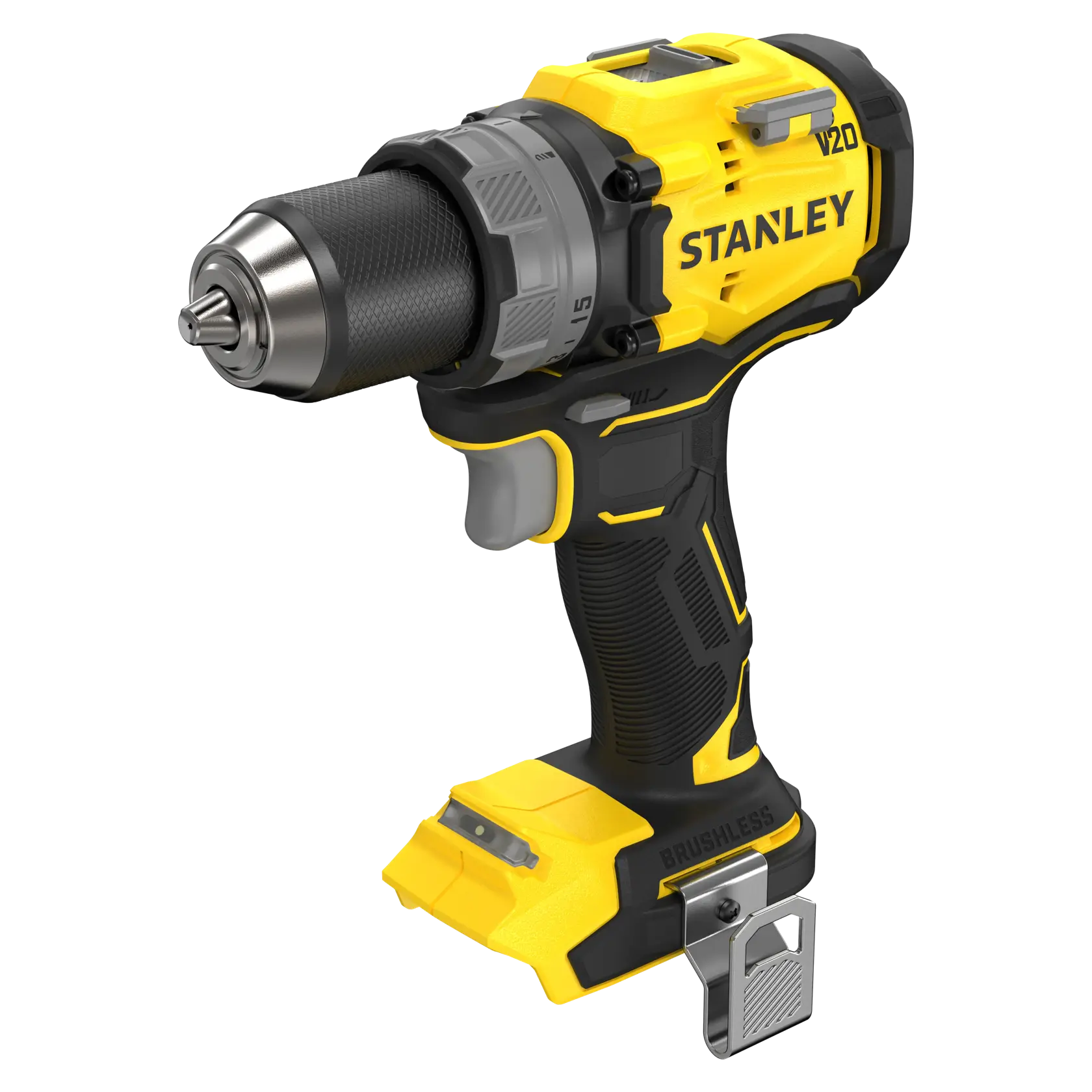 Photo of STANLEY SFMCD725B cordless brushless drill driver, yellow and black, side angle, no battery attached.